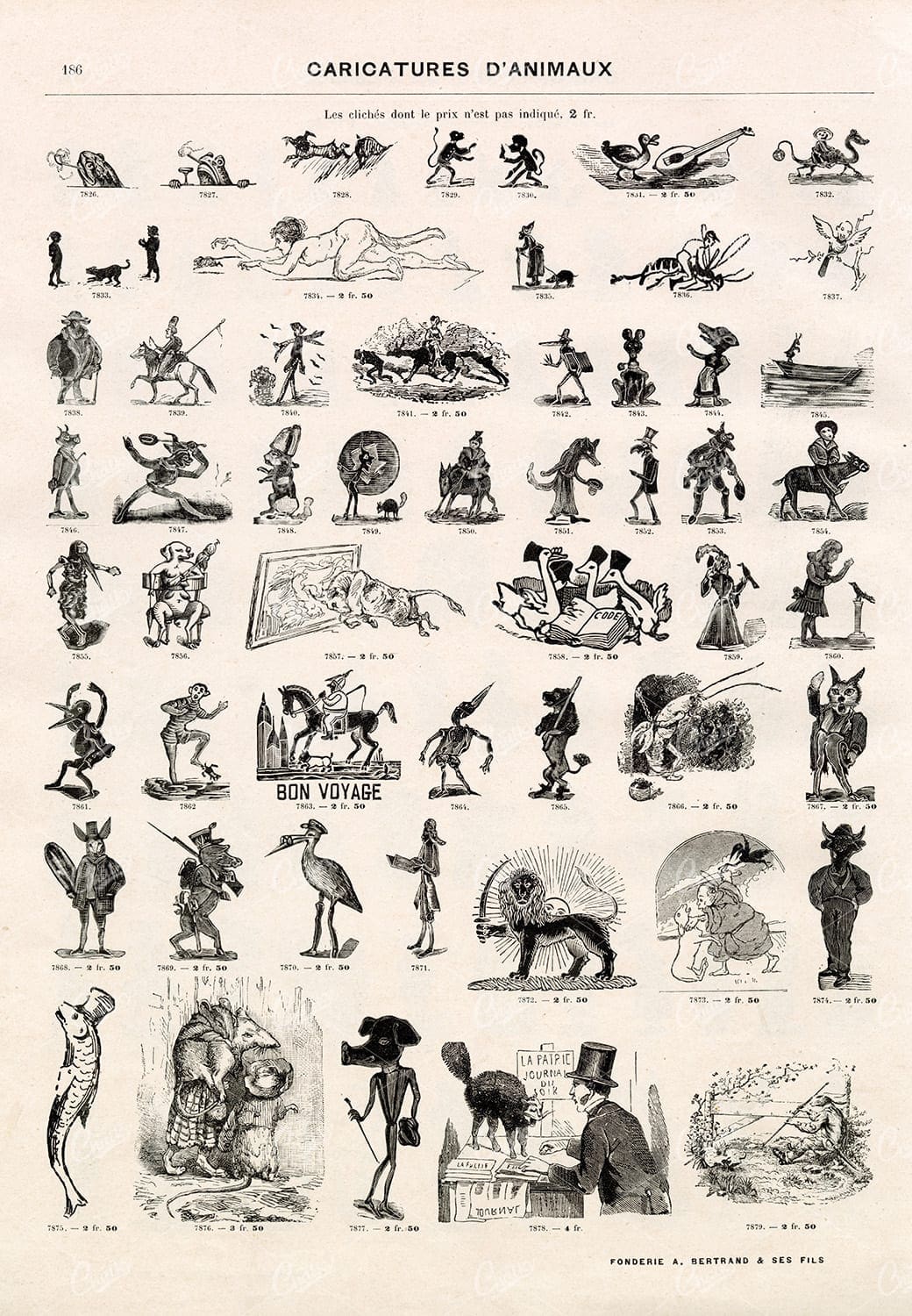 VINTAGE Sheet of Bizarre Animal Caricature Illustrations - Antique Stock Art