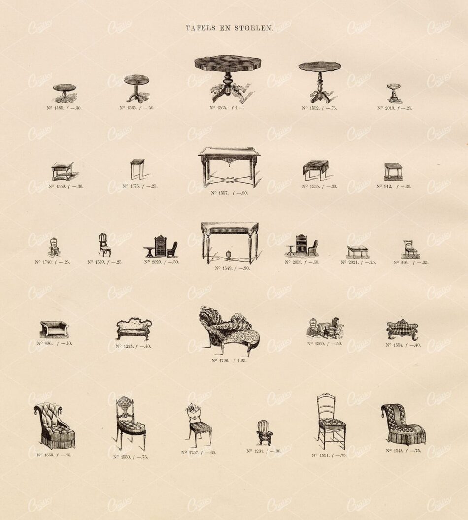VINTAGE Selection of Table and Chair Illustrations - Antique Artwork
