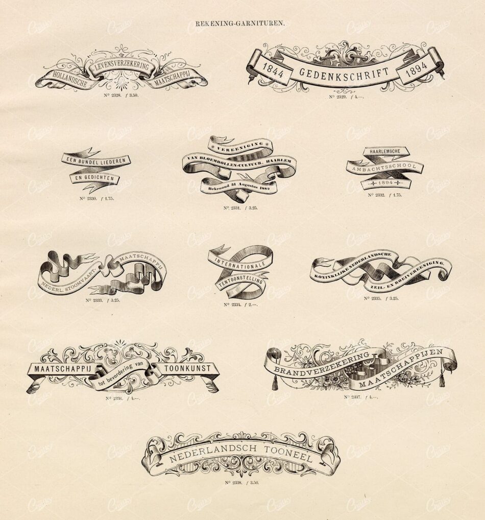 DECORATIVE Banners and Ribbon Vignette Illustrations - Antique Typography Stock Art