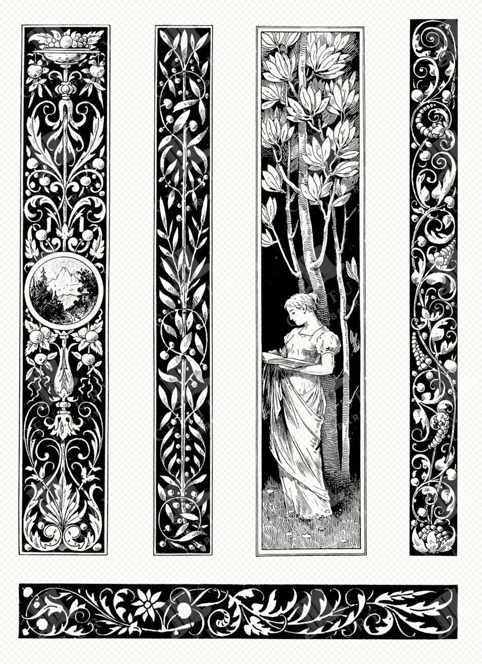 Decorative Vertical Panel Borders - Floral Scrollwork And Classical Figure