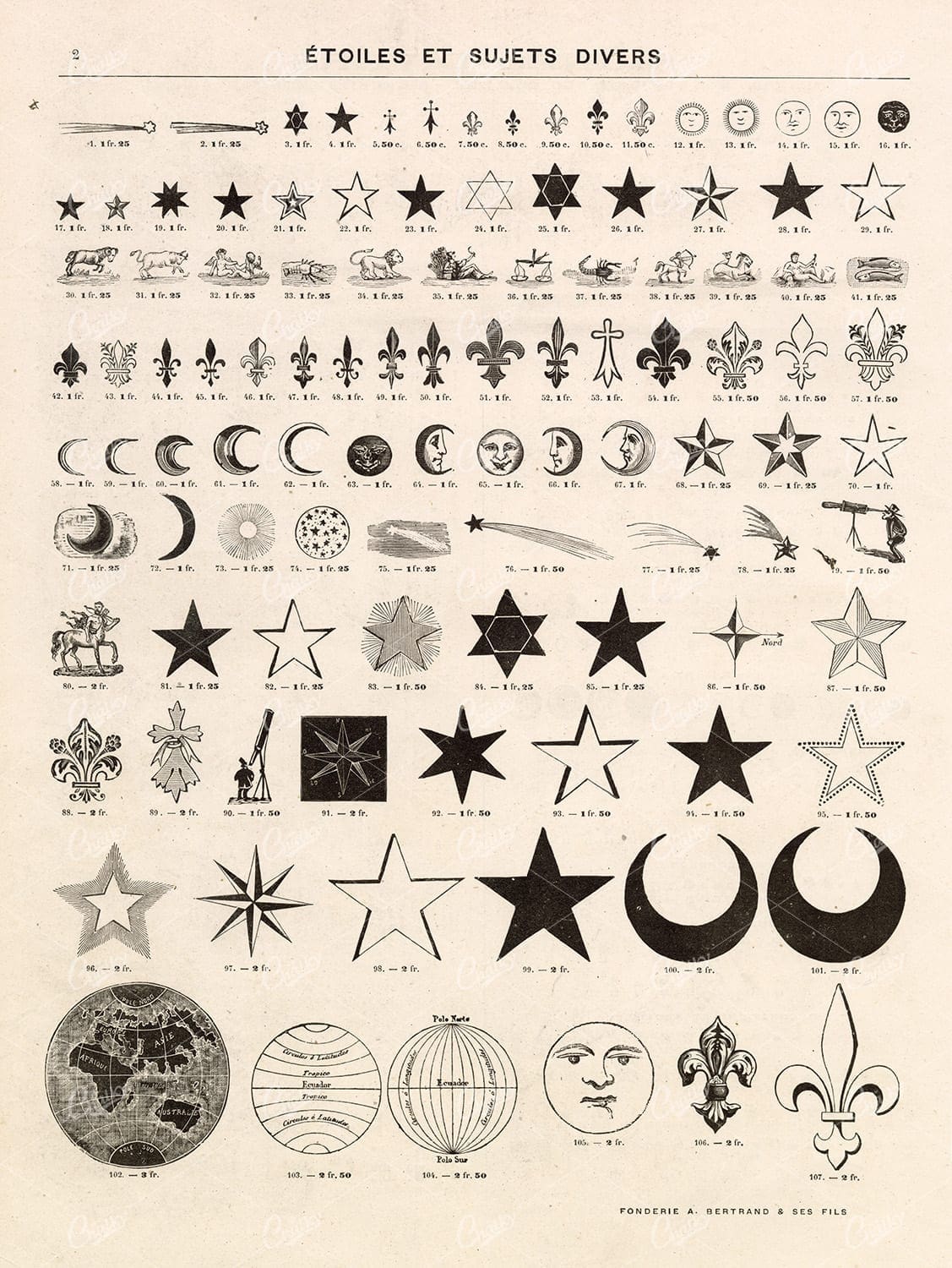 VINTAGE Type Foundry Catalogue - Vignette Illustrations of the Moon, Stars, Sun, and more