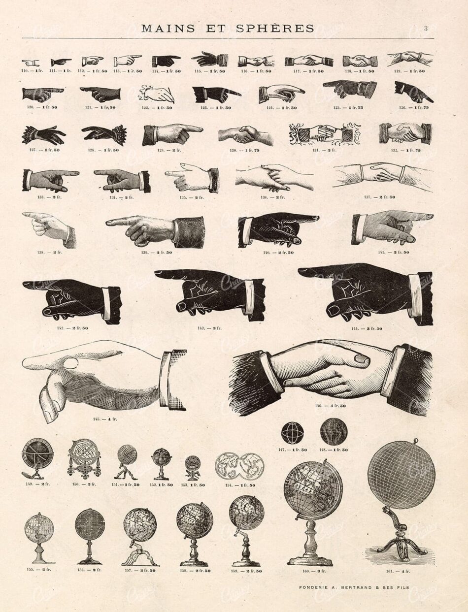 VINTAGE Vignette Illustrations of Hands Pointing and Shaking