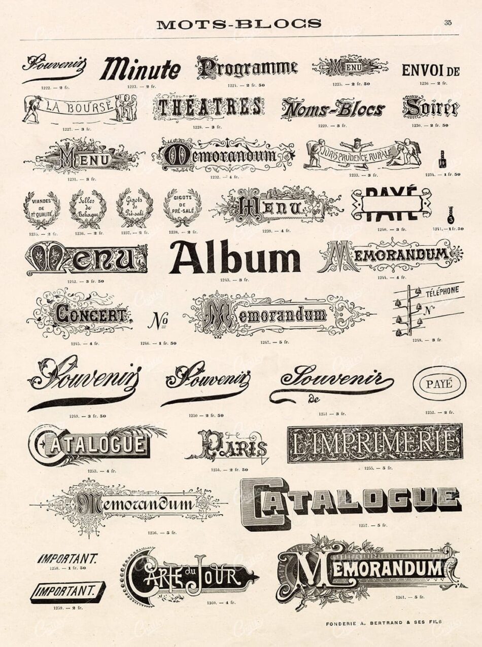 DECORATIVE Typography Keywords; Menu, Album, Catalogue, etc. 1800s Type Foundry