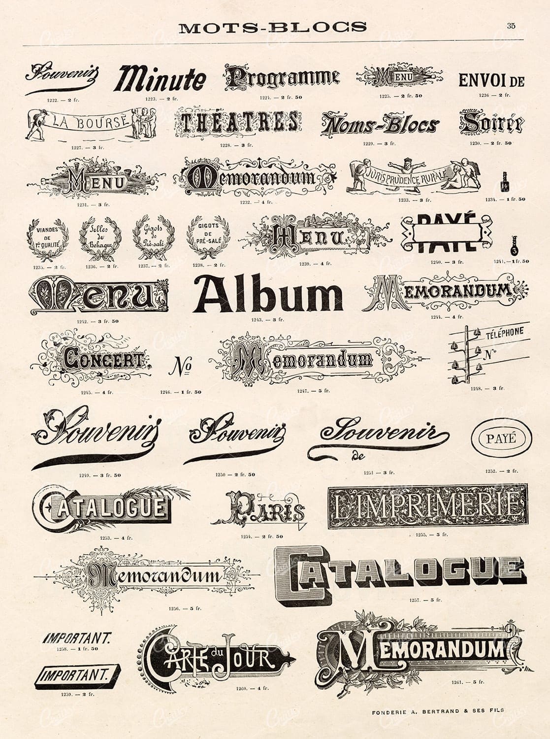 DECORATIVE Typography Keywords; Menu, Album, Catalogue, etc. 1800s Type Foundry