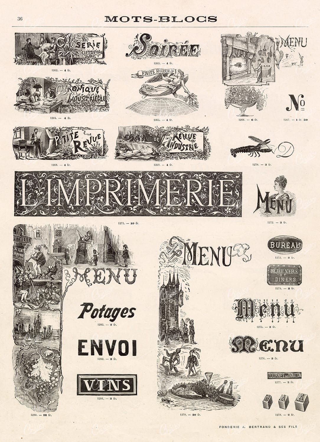 DECORATIVE Typography Keywords; Menu, Vins, No. etc. 1800s Type Foundry