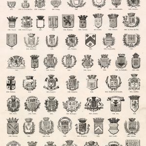 HERLADRY Insignias for French Cities; Auxorre, Revin, Paris, Amiens, Lille, Saint-Germain 1800s Illustrations