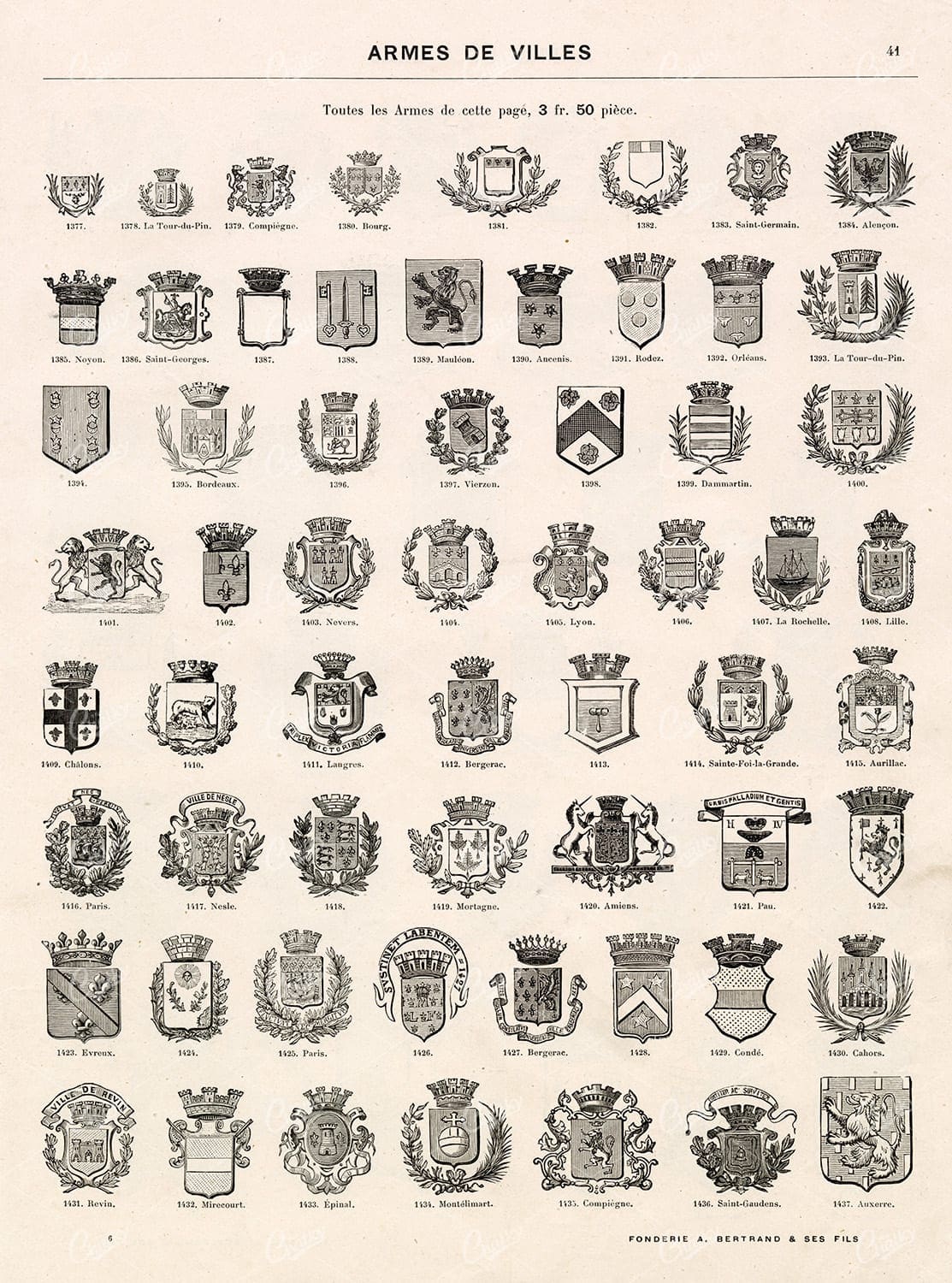 HERLADRY Insignias for French Cities; Auxorre, Revin, Paris, Amiens, Lille, Saint-Germain 1800s Illustrations