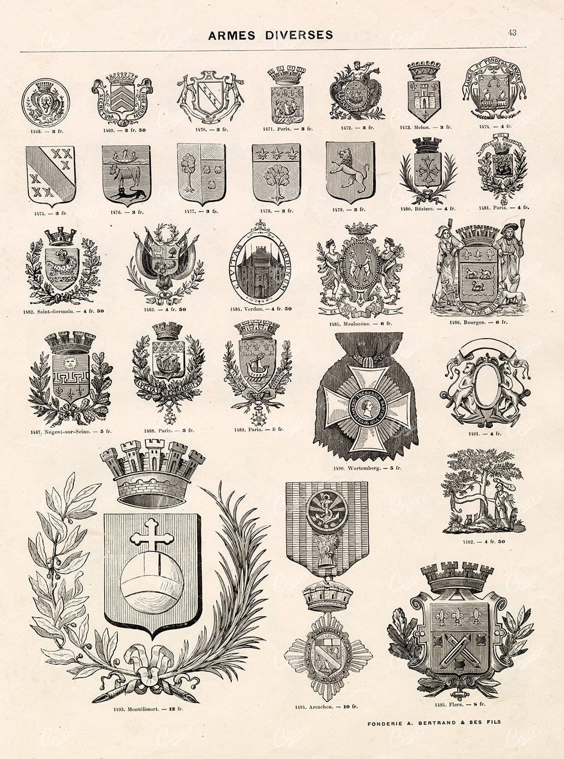 ARMES Diverses (Various Weapons) - Antique 1800s Heraldry Insignias