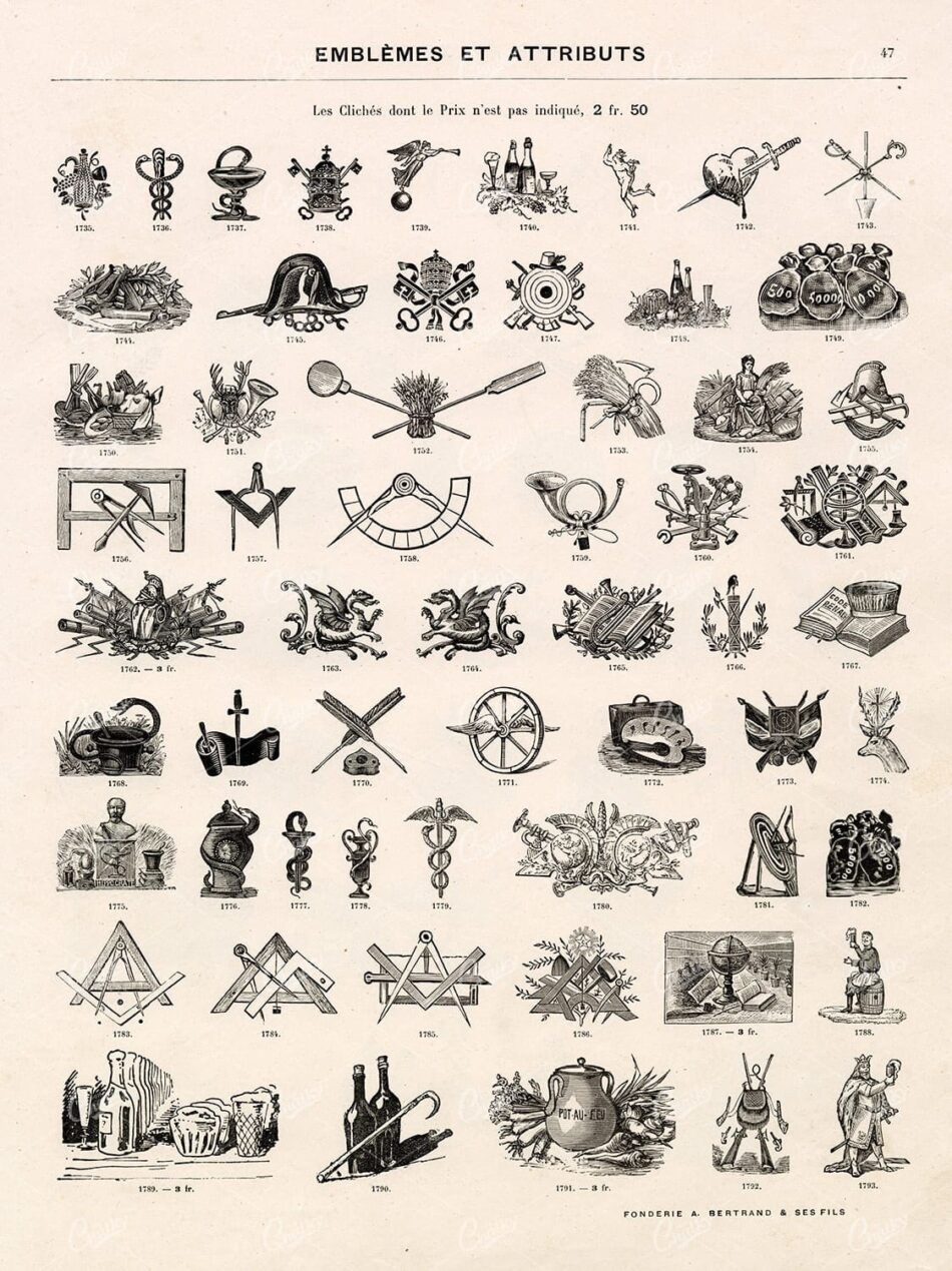 EMBLEMS and Attributes - Miscellaneous Collection of Antique 1800s Vignettes