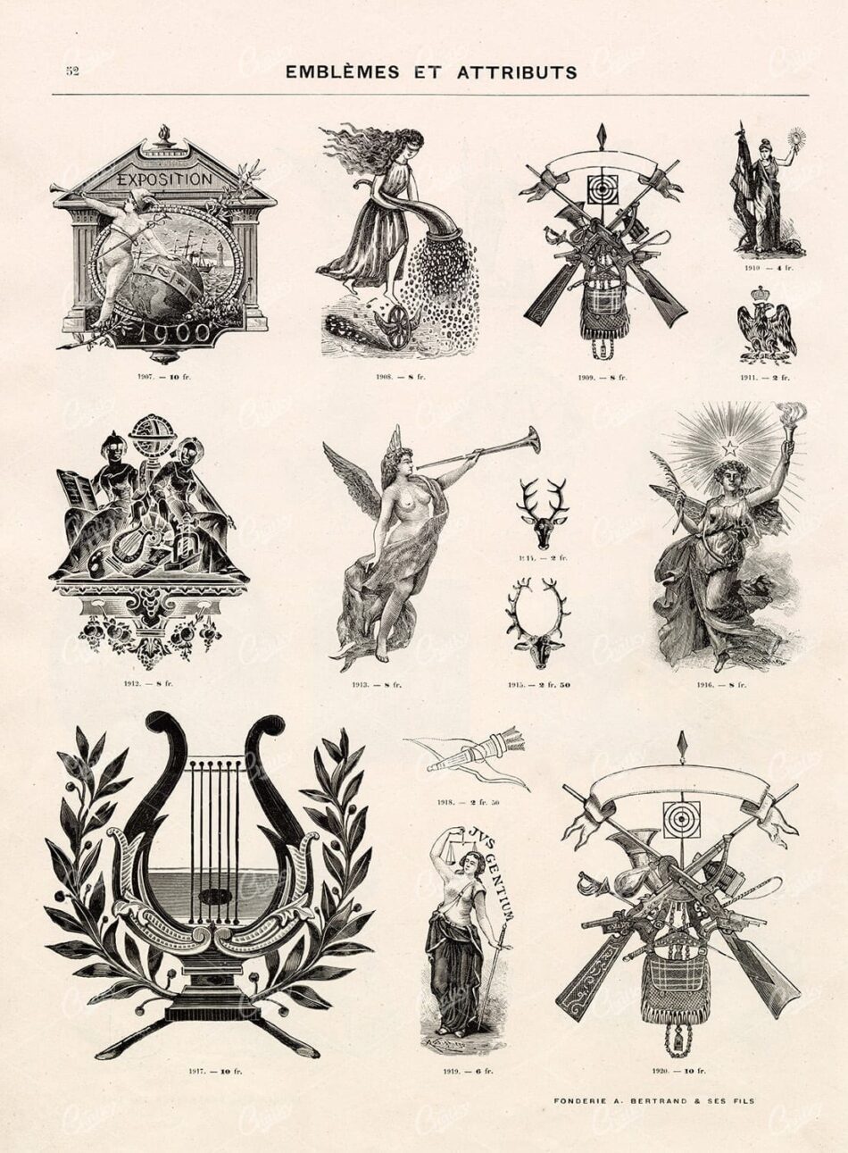 EMBLEMS and Attributes - Miscellaneous Collection of Antique 1800s Vignettes