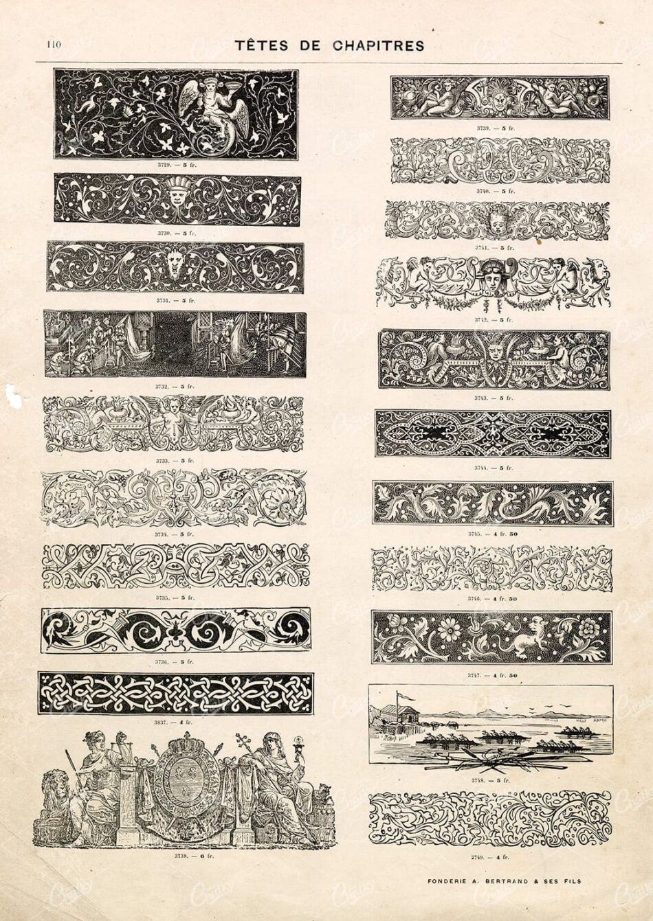 French Catalog Page Of Chapter-head Ornaments - Rows Of Floral Scrollwork, Masks, Putti, And Vignettes In Black Ink
