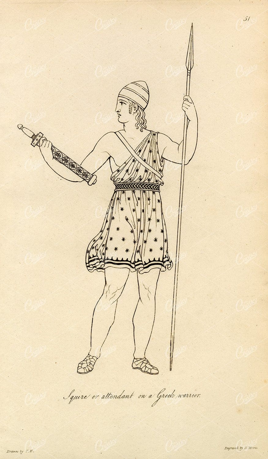 ANTIQUE Ancient Costume Print - Greek Warrior's Squire or Attendant