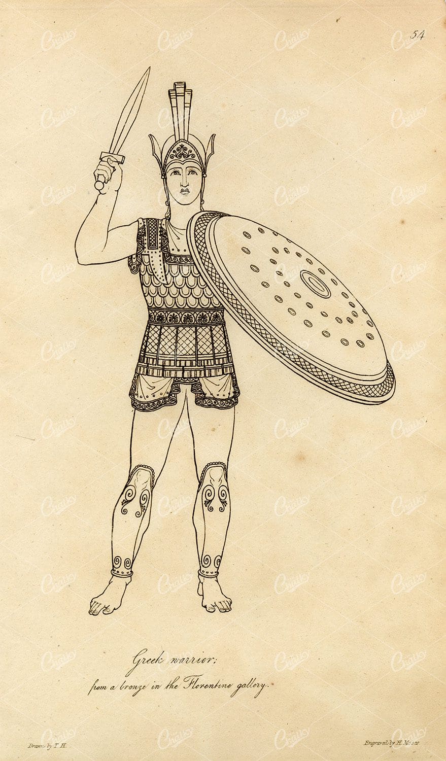 ANTIQUE Ancient Costume Print - Greek Warrior with Shield and Weapon