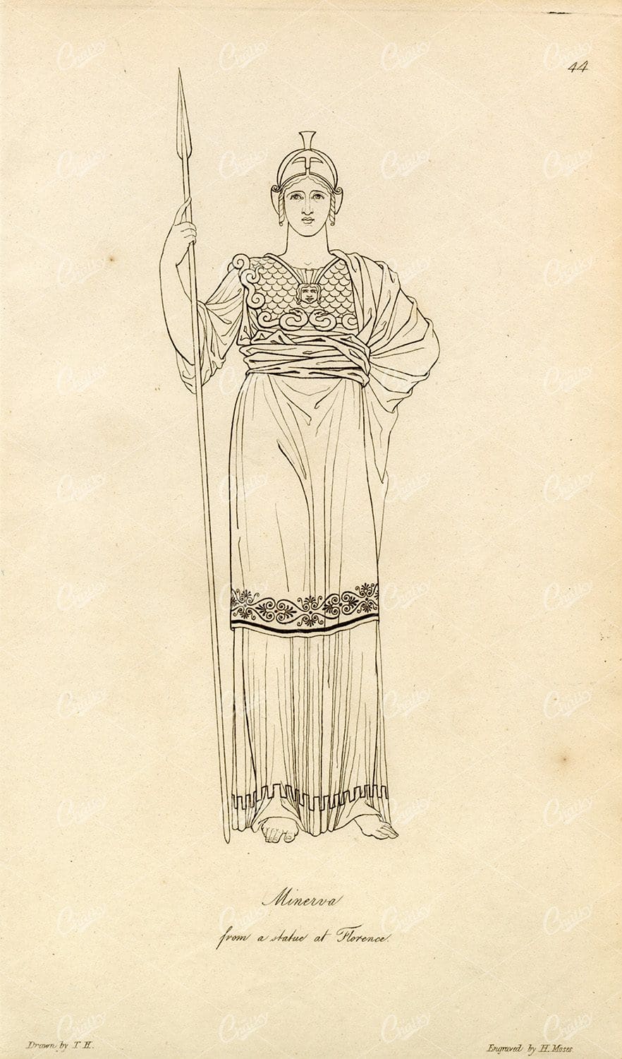 ANTIQUE Ancient Costume Print - Minerva - Roman Goddess of Wisdom