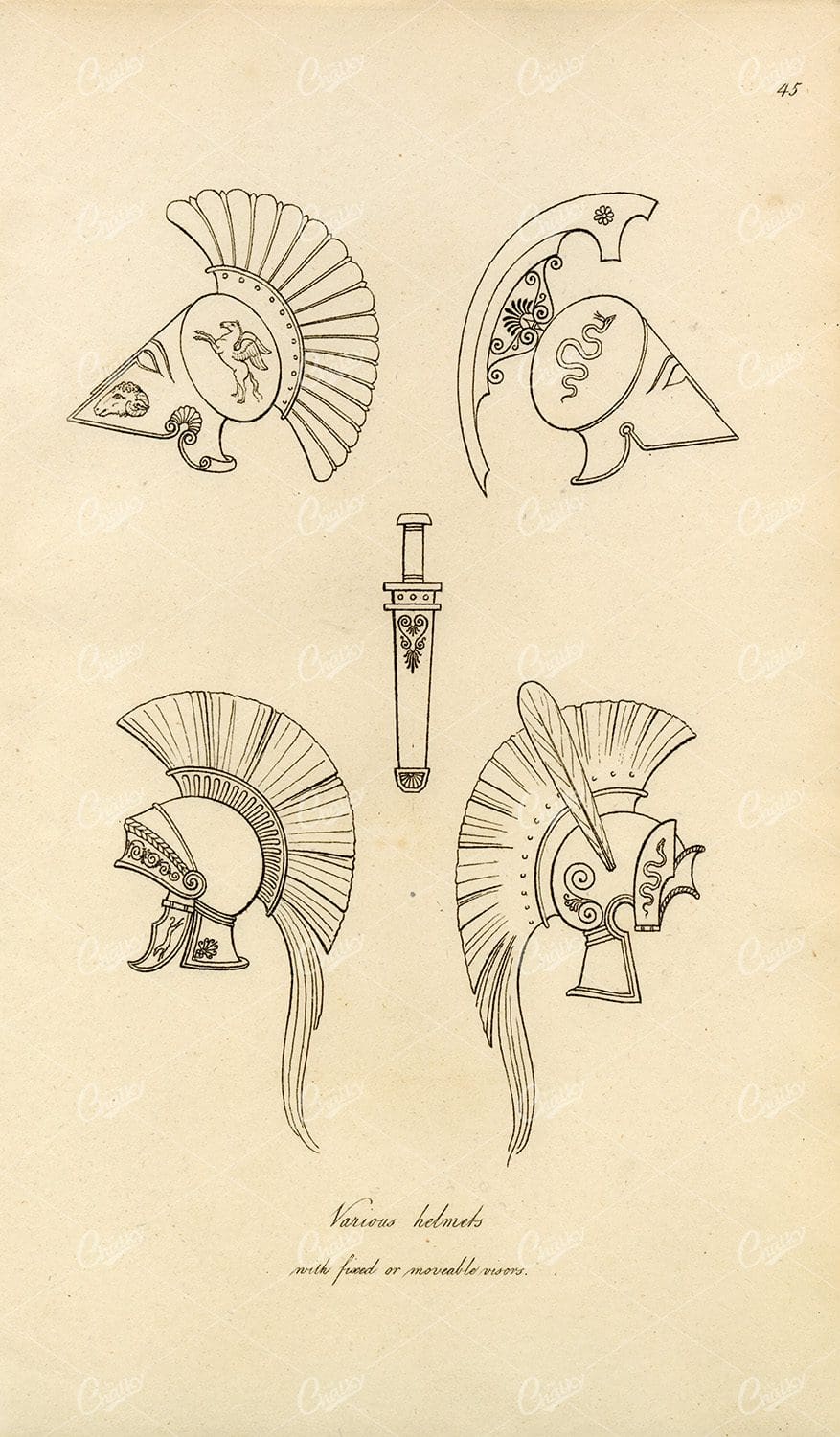 ANTIQUE Ancient Costume Print - Various Decorative Helmets