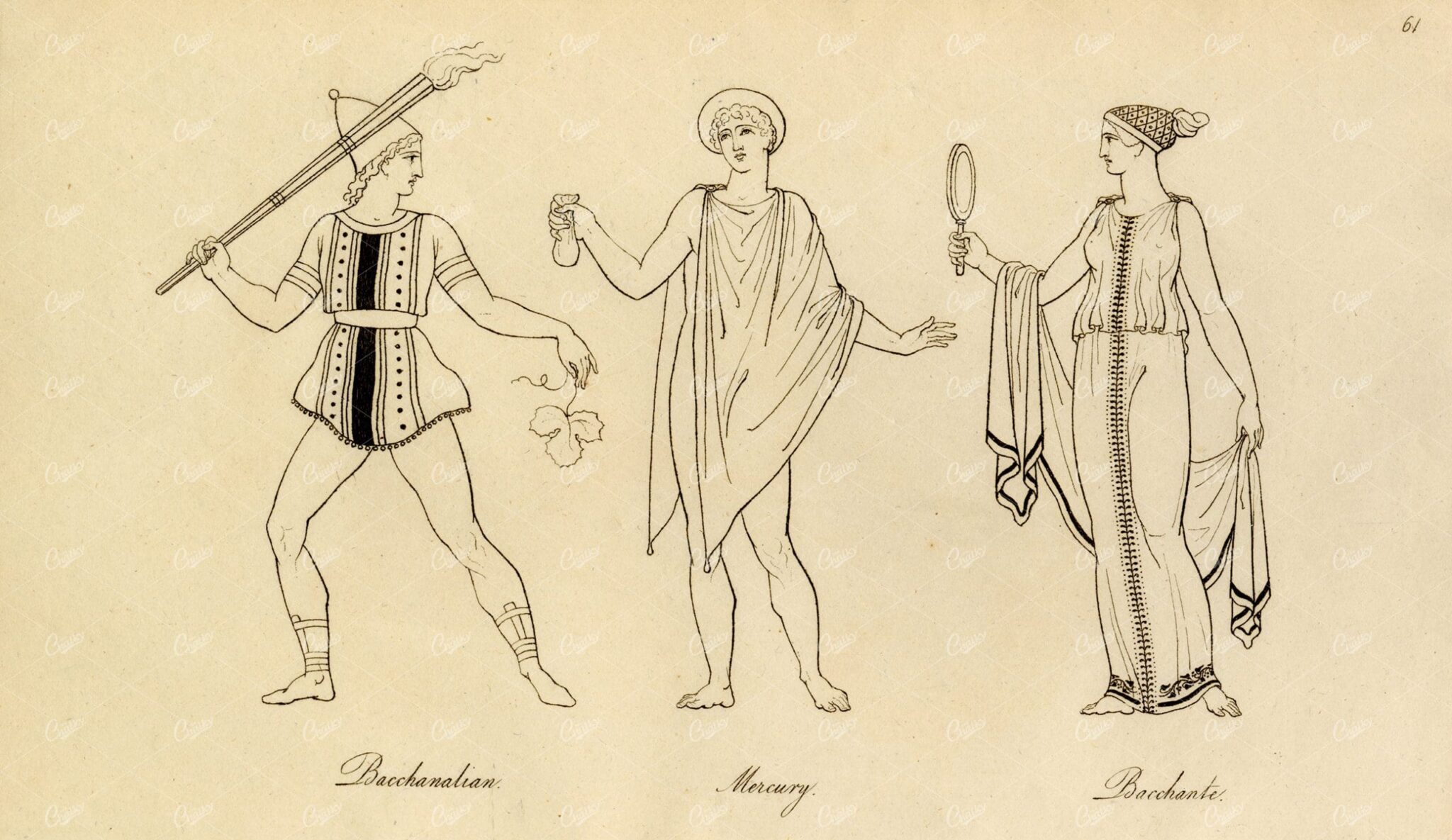 ANTIQUE Ancient Mythology Print - Bacchanalian, Mercury, Bacchante