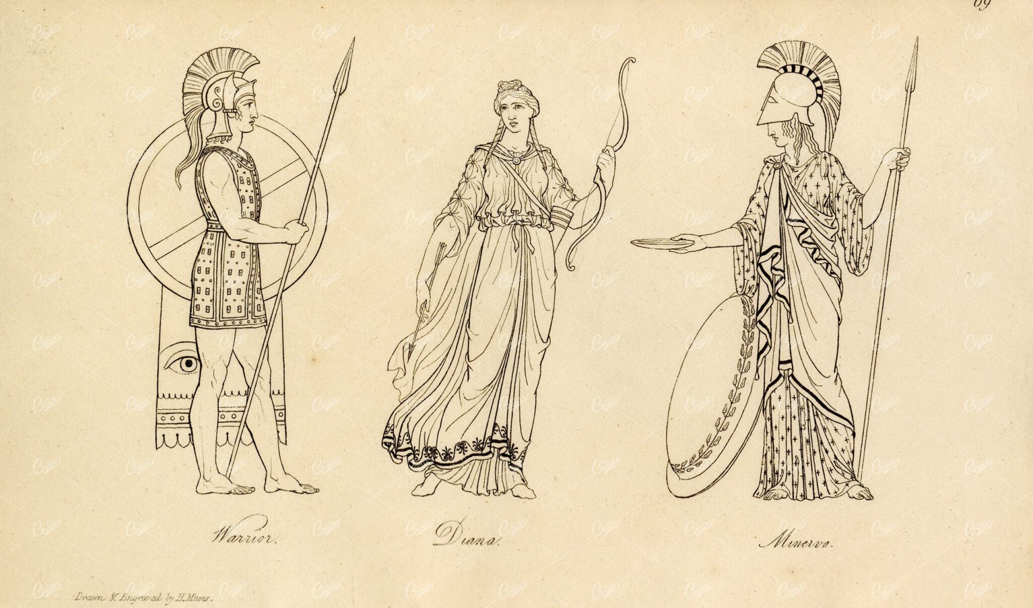 ANTIQUE Ancient Mythology Print - Warrior, Diana, and Minerva