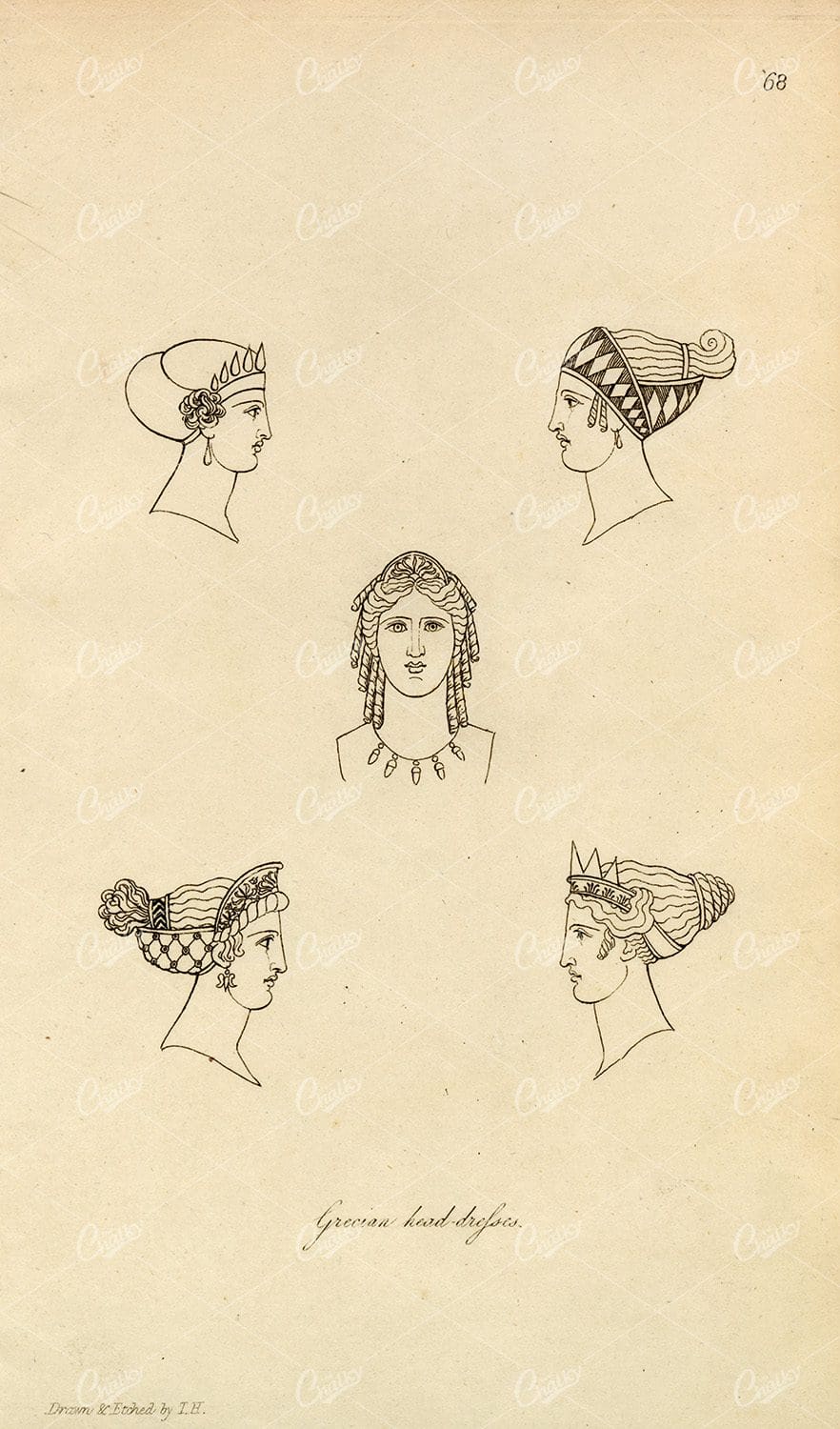 ANTIQUE Ancient Costume Print - Grecian Head Dresses