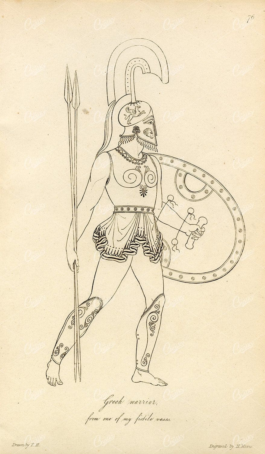 ANTIQUE Ancient Costume Print - Greek Warrior with Armor and Weapon