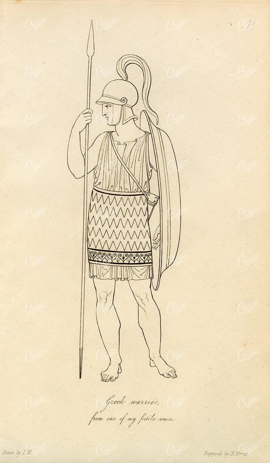 ANTIQUE Ancient Costume Print - Greek Warrior with Armor and Weapon