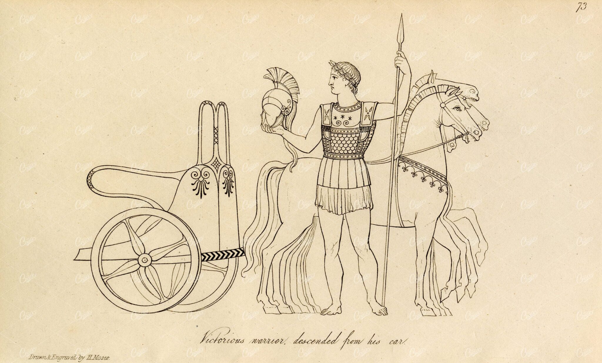 ANTIQUE Ancient Costume Print - Victorious Warrior next to Horse and Cart