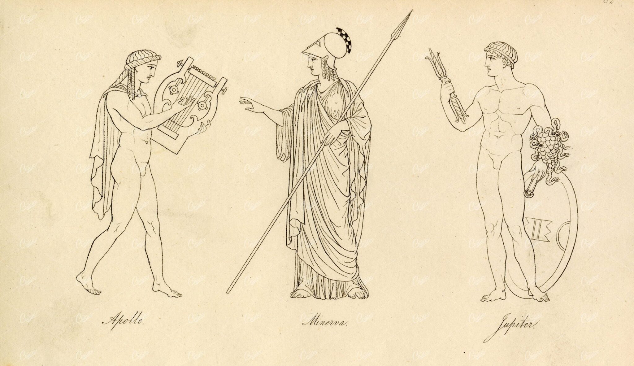 ANTIQUE Ancient Greek Mythology Print - Apollo, Minerva, Jupiter