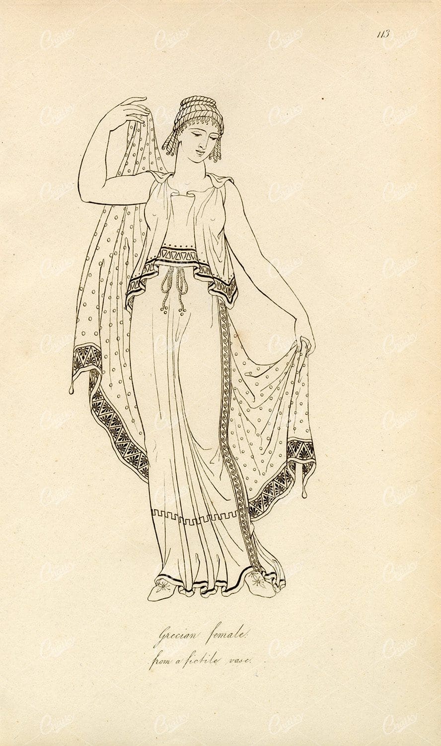 ANTIQUE Ancient Costume Print - Grecian Female in Dress