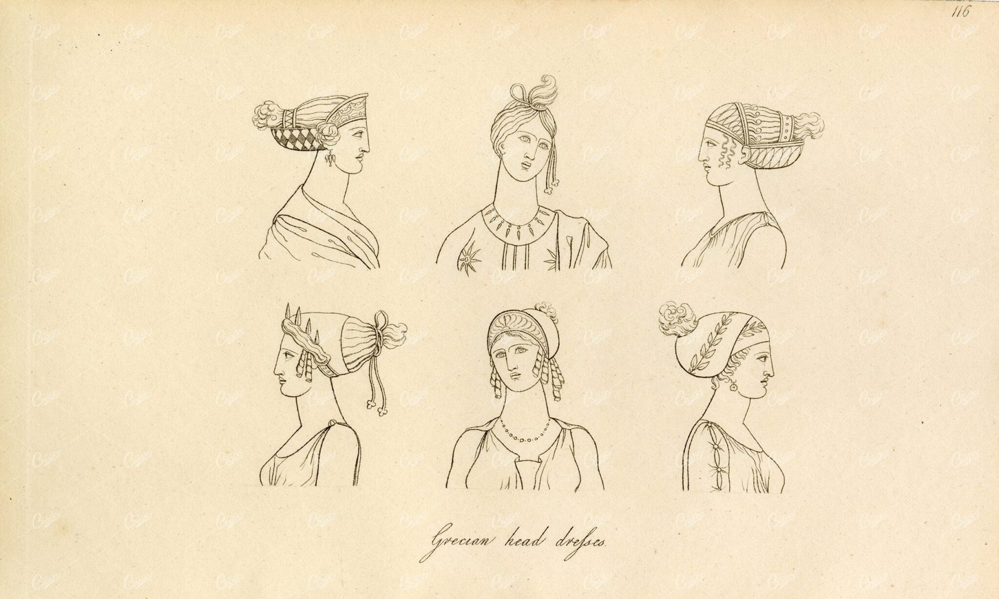ANTIQUE Ancient Costume Print - Grecian Head Dresses