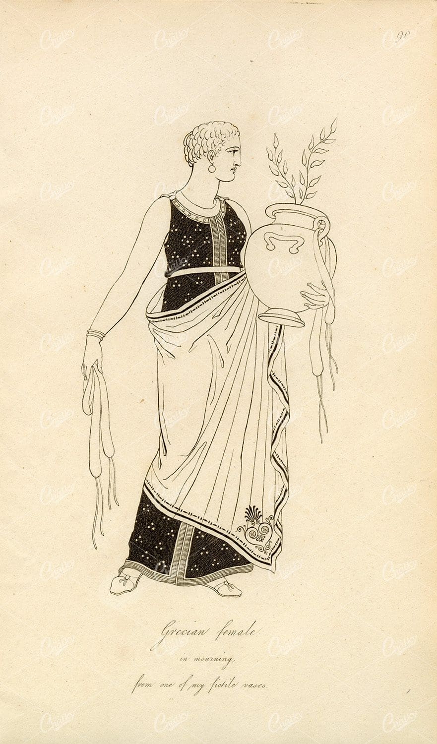 ANTIQUE Ancient Costume Print - Grecian Female in Mourning