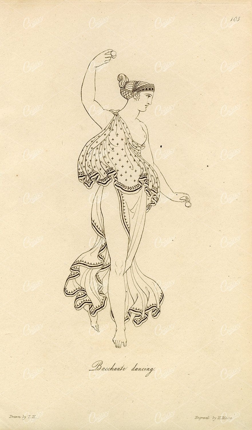 ANTIQUE Ancient Costume Print - Bacchante Dancing