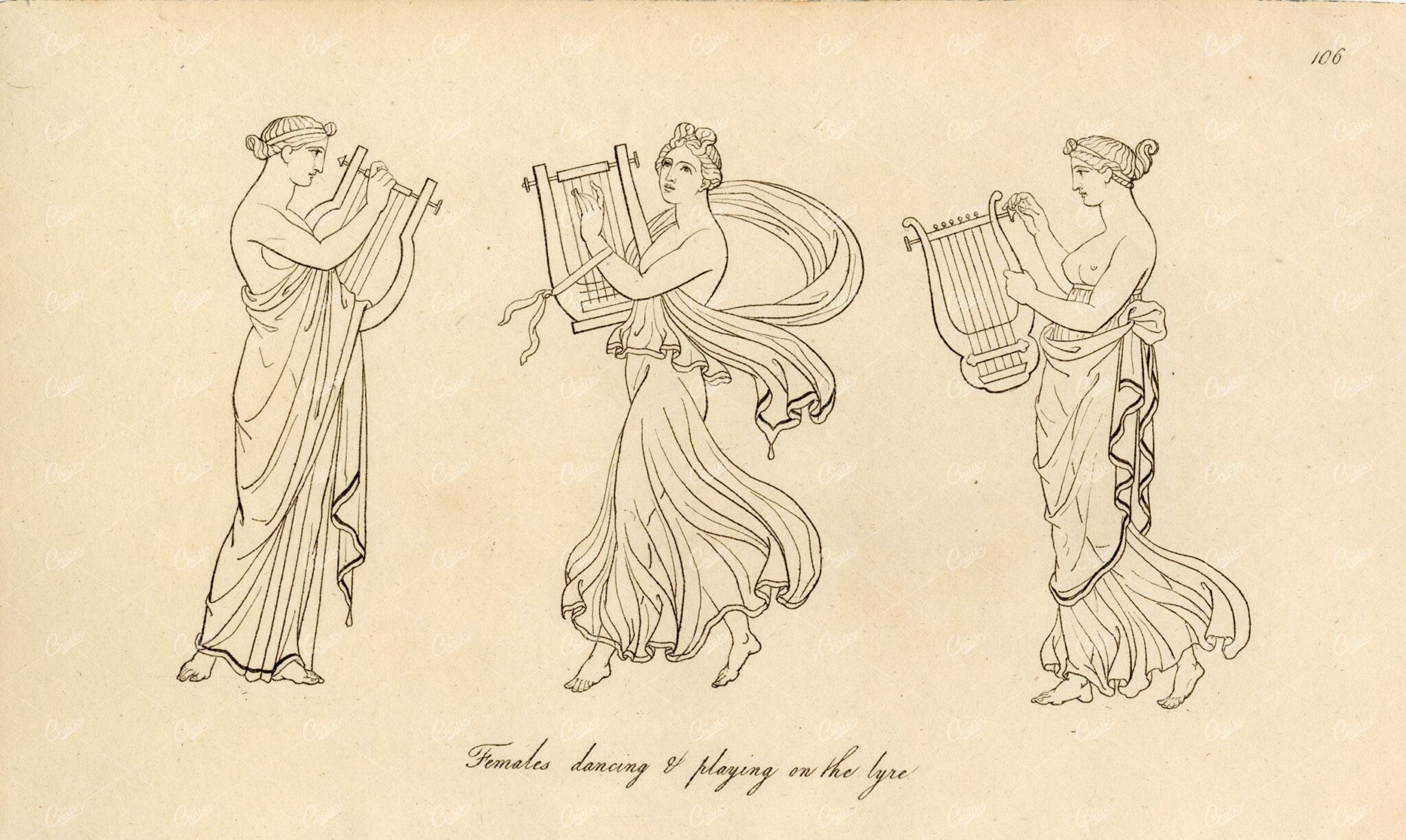 ANTIQUE Ancient Costume Print - Females Dancing and Playing the Lyre