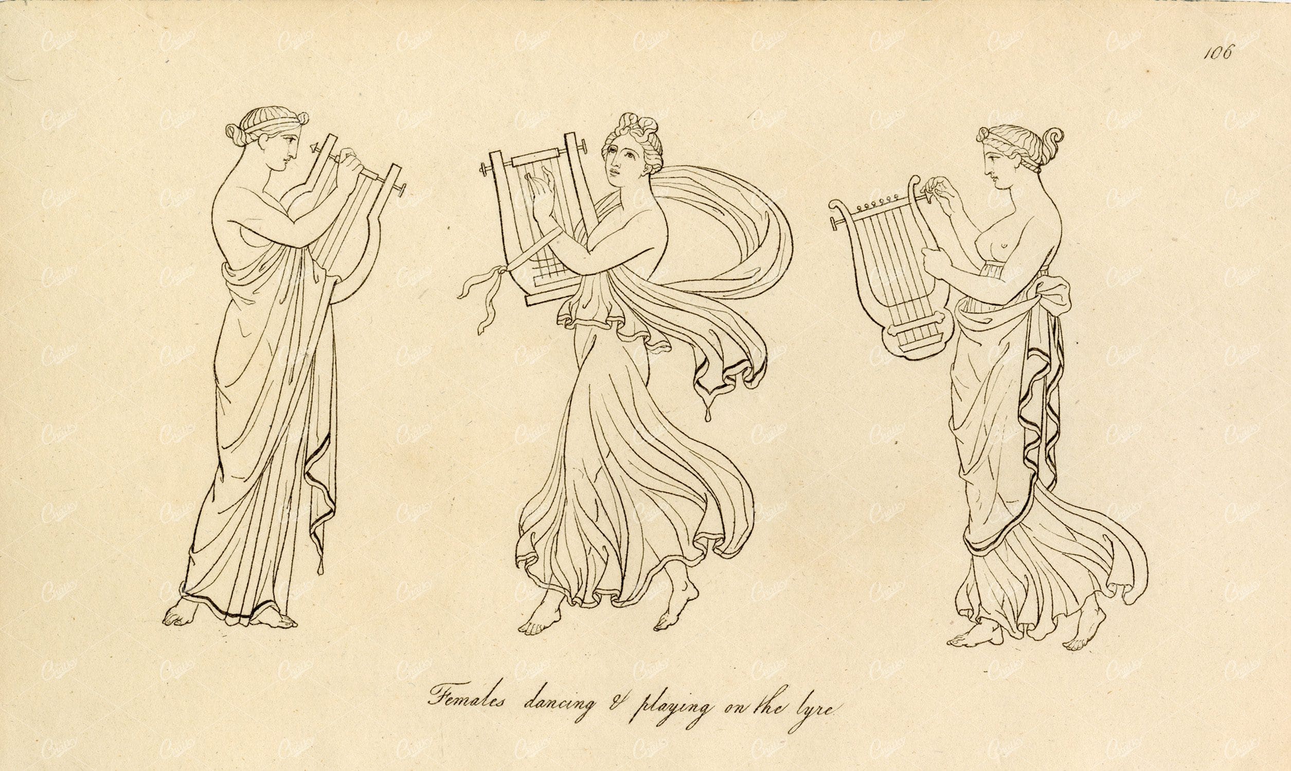 ANTIQUE Ancient Costume Print - Females Dancing and Playing the Lyre