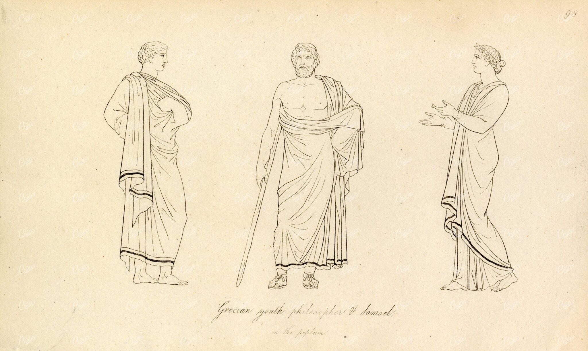 ANTIQUE Ancient Costume Print - Grecian Youth, Philosopher and Damsel
