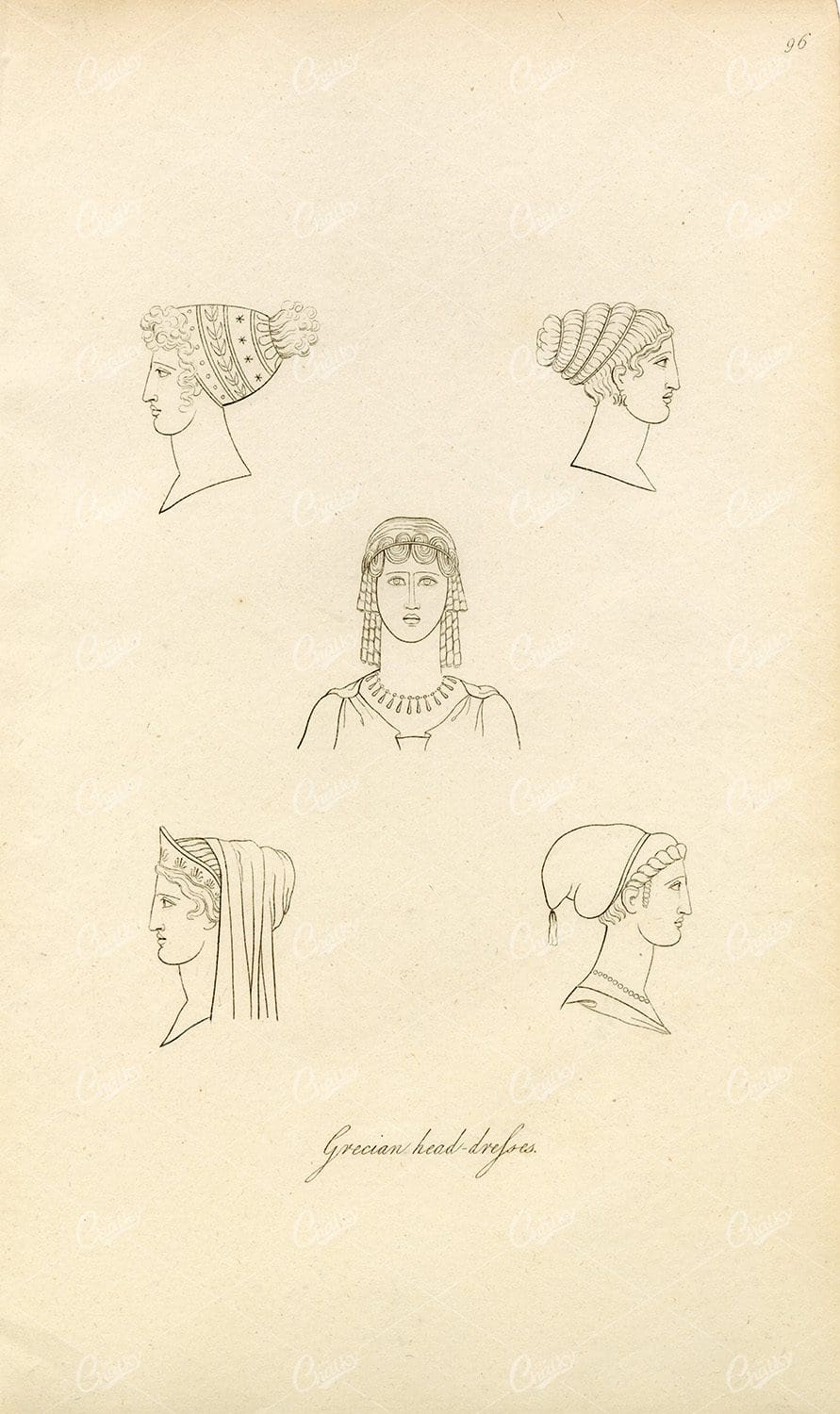 ANTIQUE Ancient Costume Print - Grecian Head Dresses