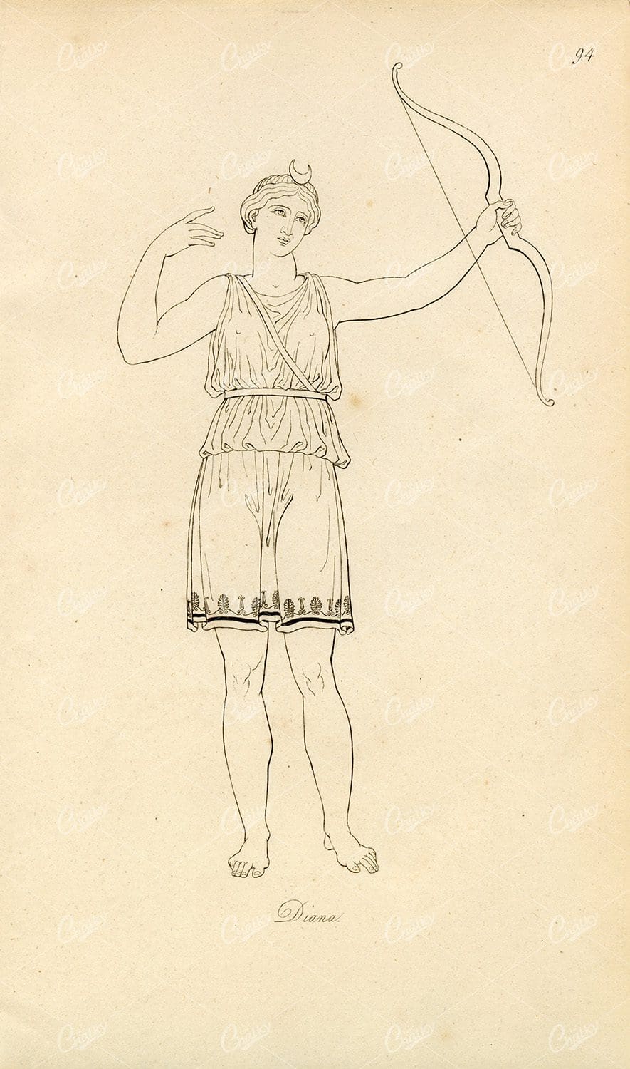 ANTIQUE Ancient Roman Mythology Print - Diana Goddess