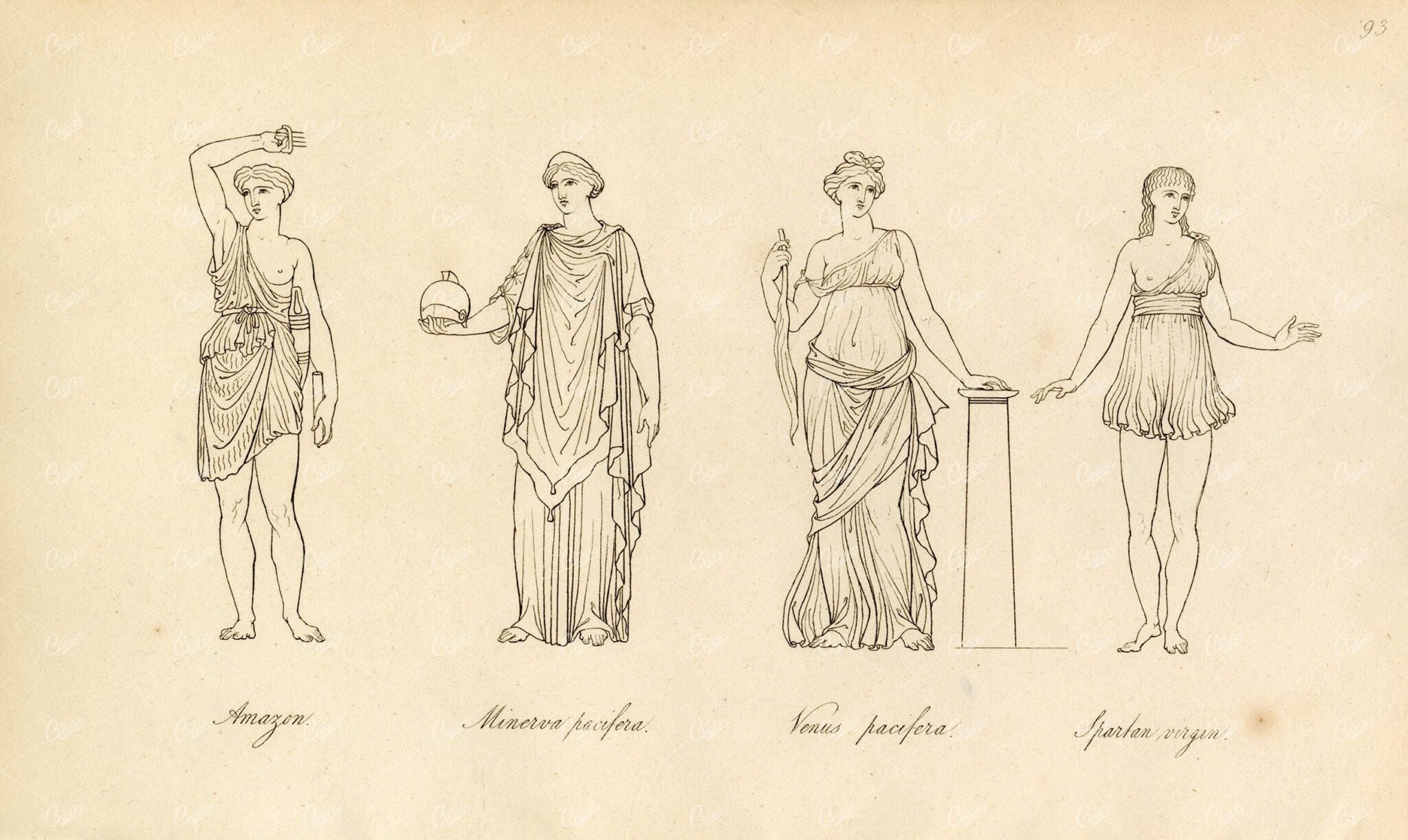 ANTIQUE Ancient Mythology Print - Amazon, Minerva, Venus, and Spartan