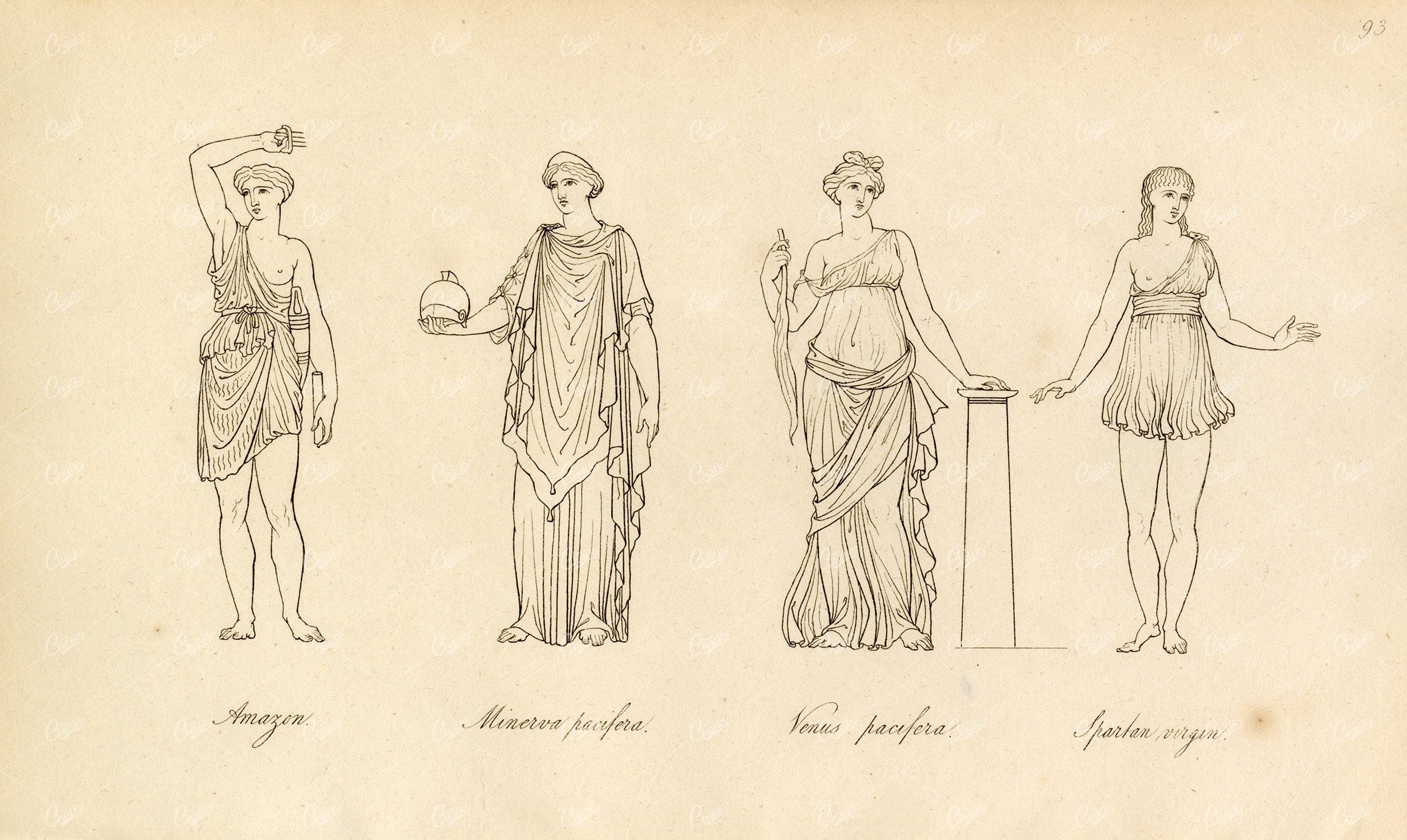 ANTIQUE Ancient Mythology Print - Amazon, Minerva, Venus, and Spartan