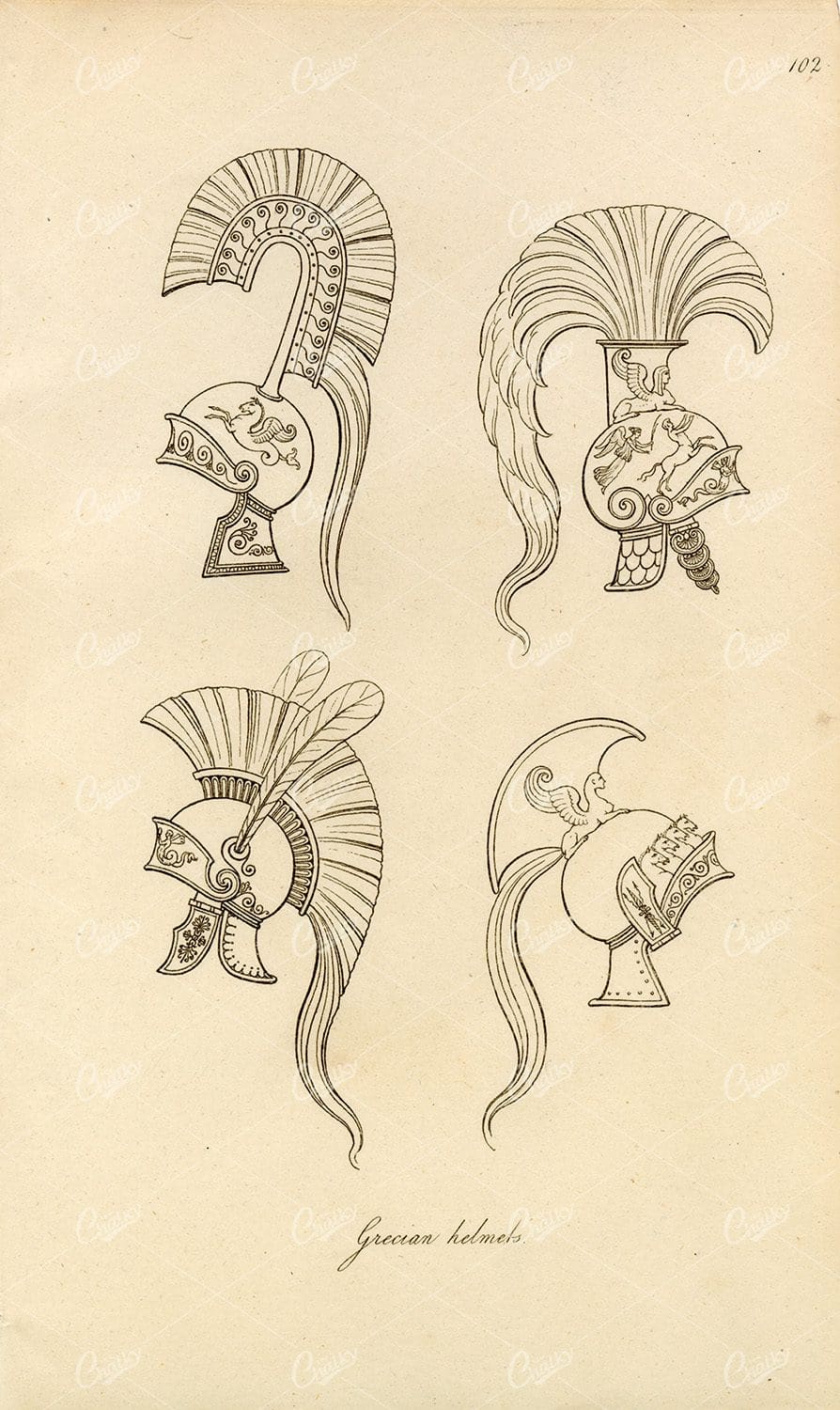 ANTIQUE Ancient Costume Print - Decorative Grecian Helmets