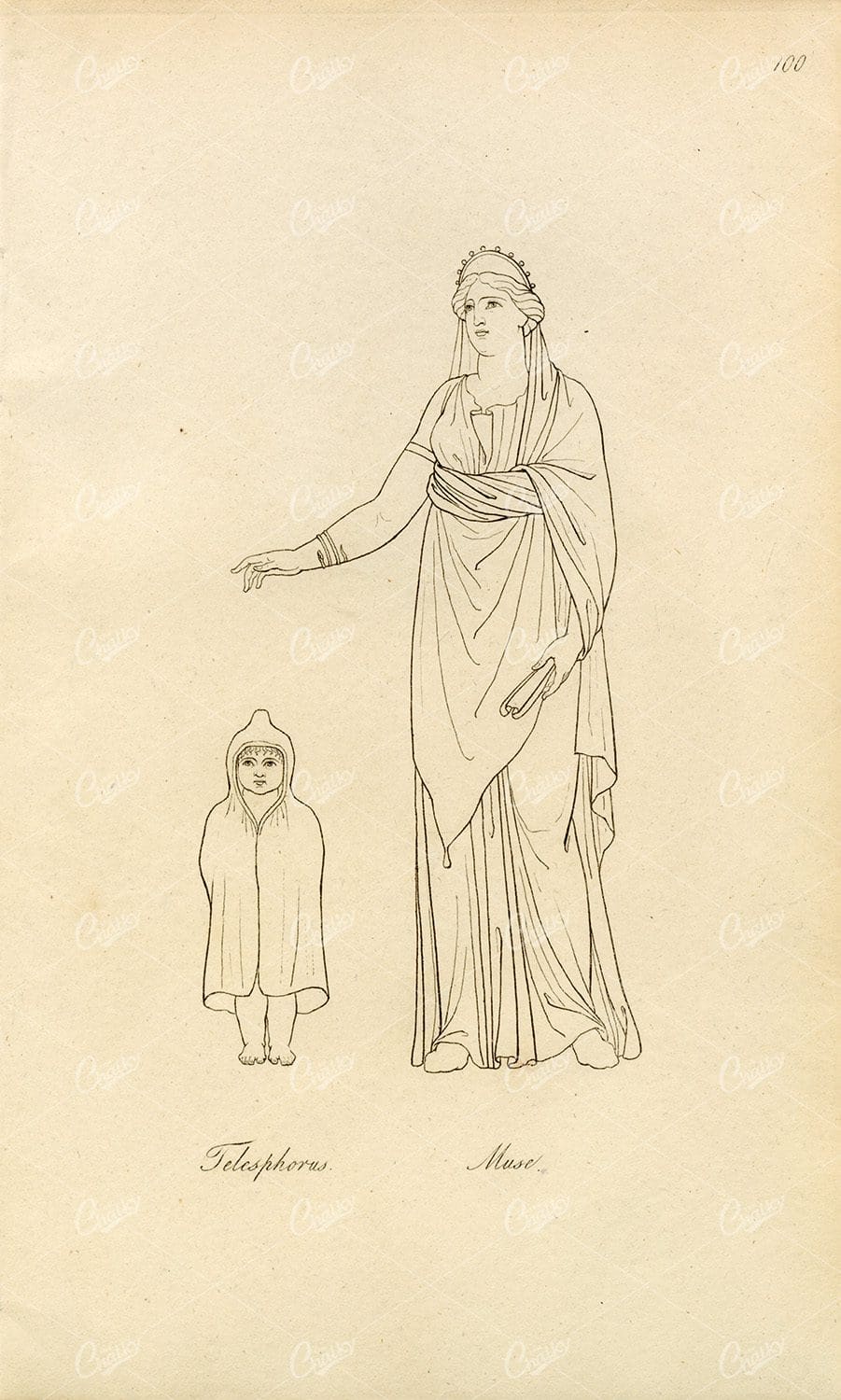 ANTIQUE Ancient Mythology Print - Telesphorus and Muse
