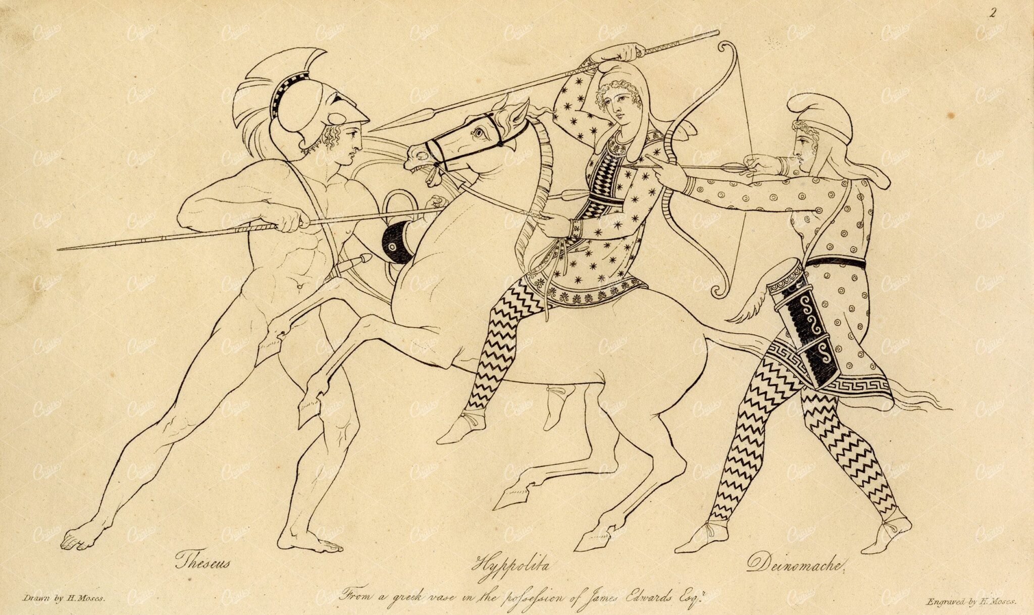 ANTIQUE Ancient Mythology Print - Thesus, Hyppolita, and Deinomache