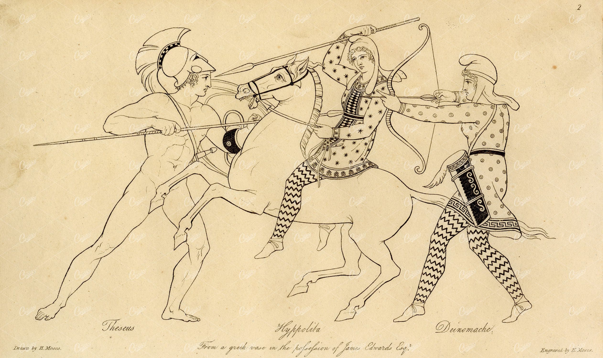 ANTIQUE Ancient Mythology Print - Thesus, Hyppolita, and Deinomache