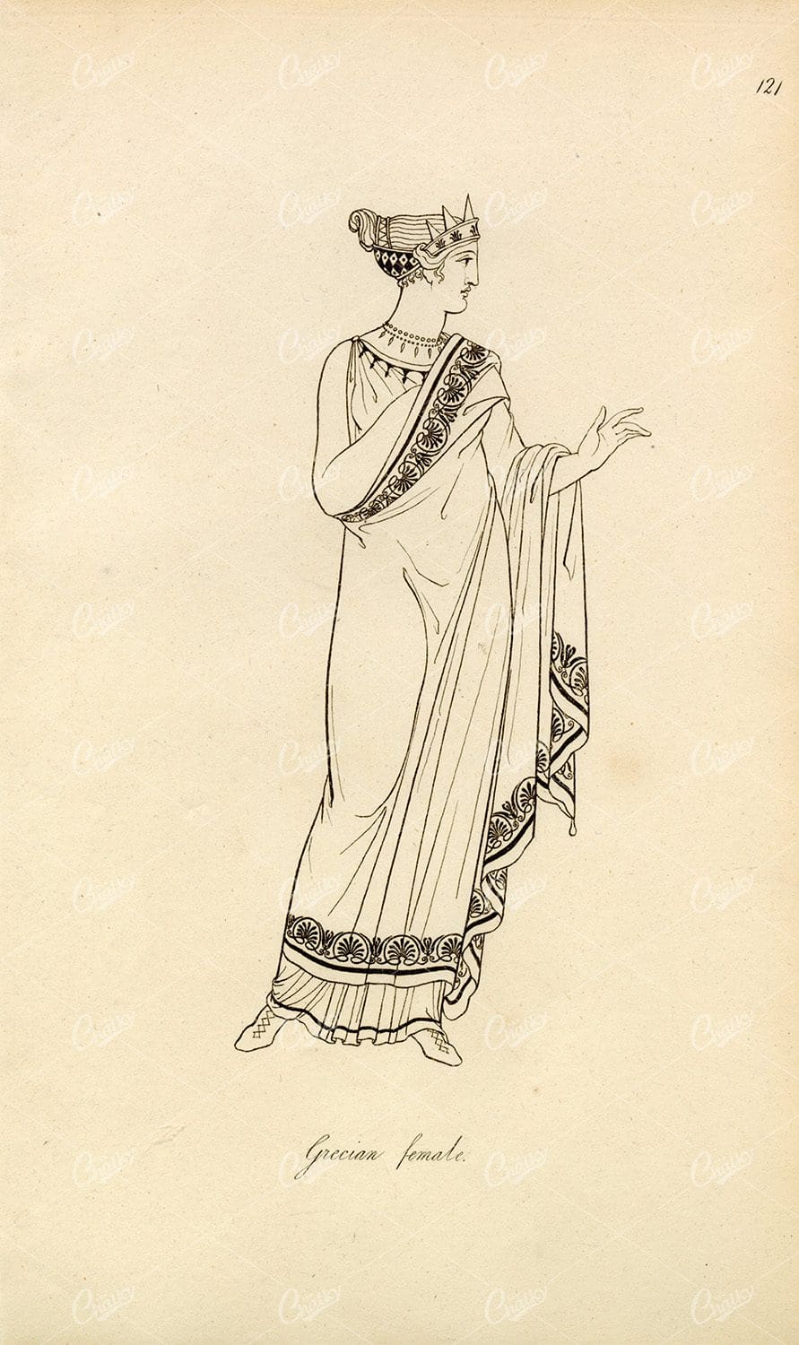 ANTIQUE Ancient Costume Print - Grecian Female 1809 Engraving