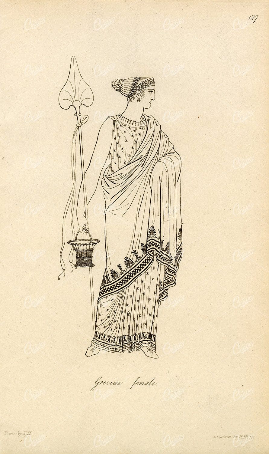 ANTIQUE Ancient Costume Print - Grecian Female 1809 Engraving