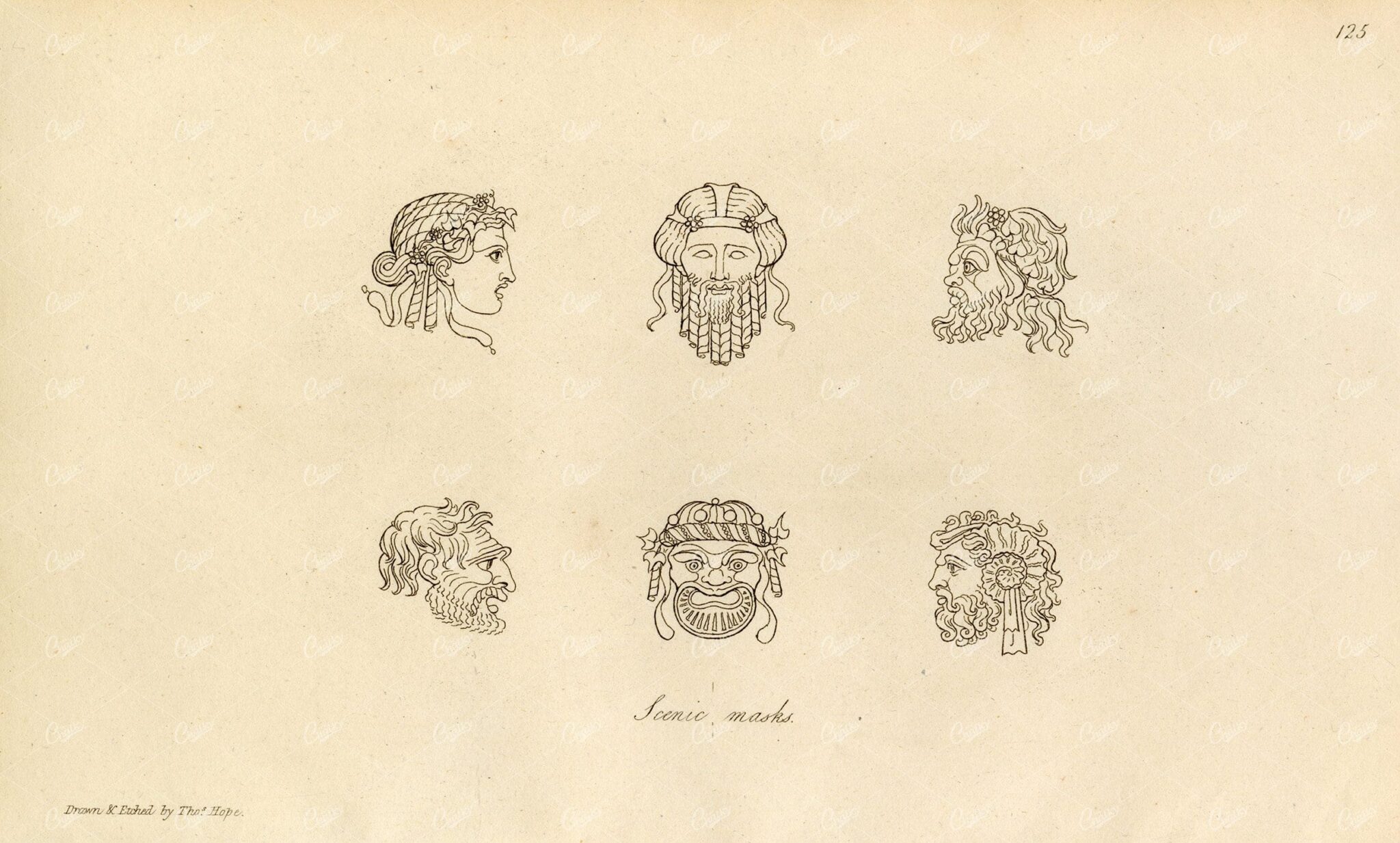 ANTIQUE Ancient Costume Print - Scenic Masks 1809 Engraving