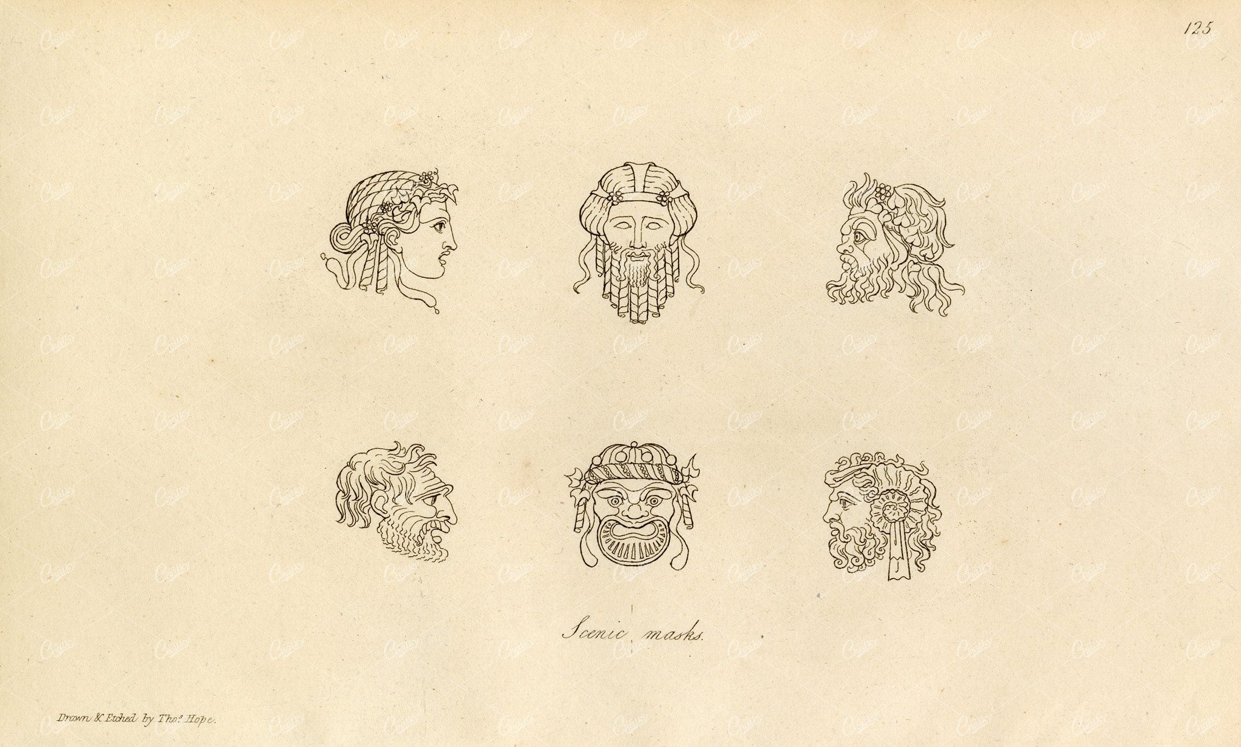 ANTIQUE Ancient Costume Print - Scenic Masks 1809 Engraving