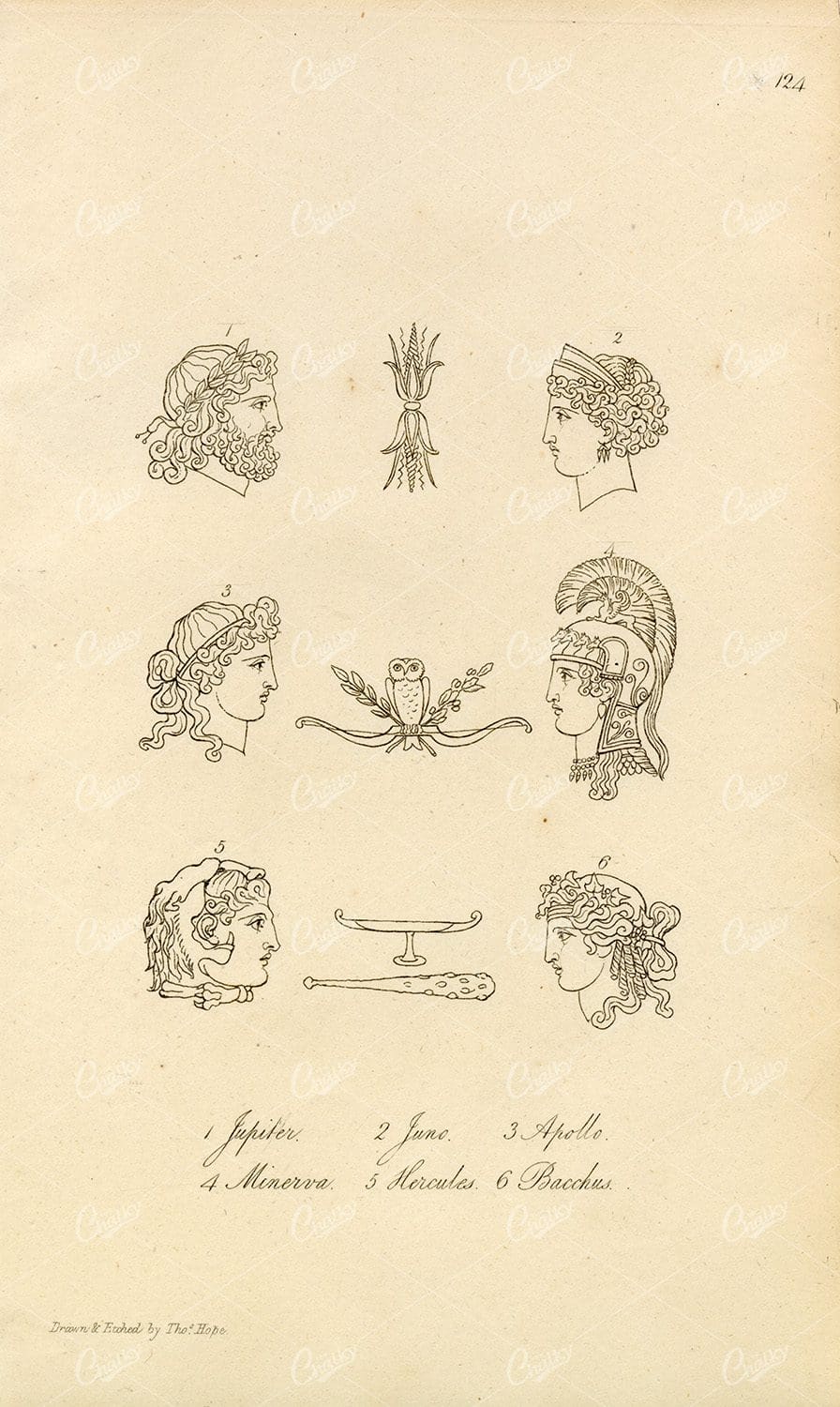 ANTIQUE Ancient Mythology Print - Jupiter, June, Apollo, Hercules
