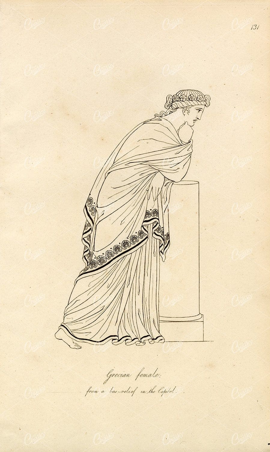 ANTIQUE Ancient Costume Print - Grecian Female 1809 Engraving