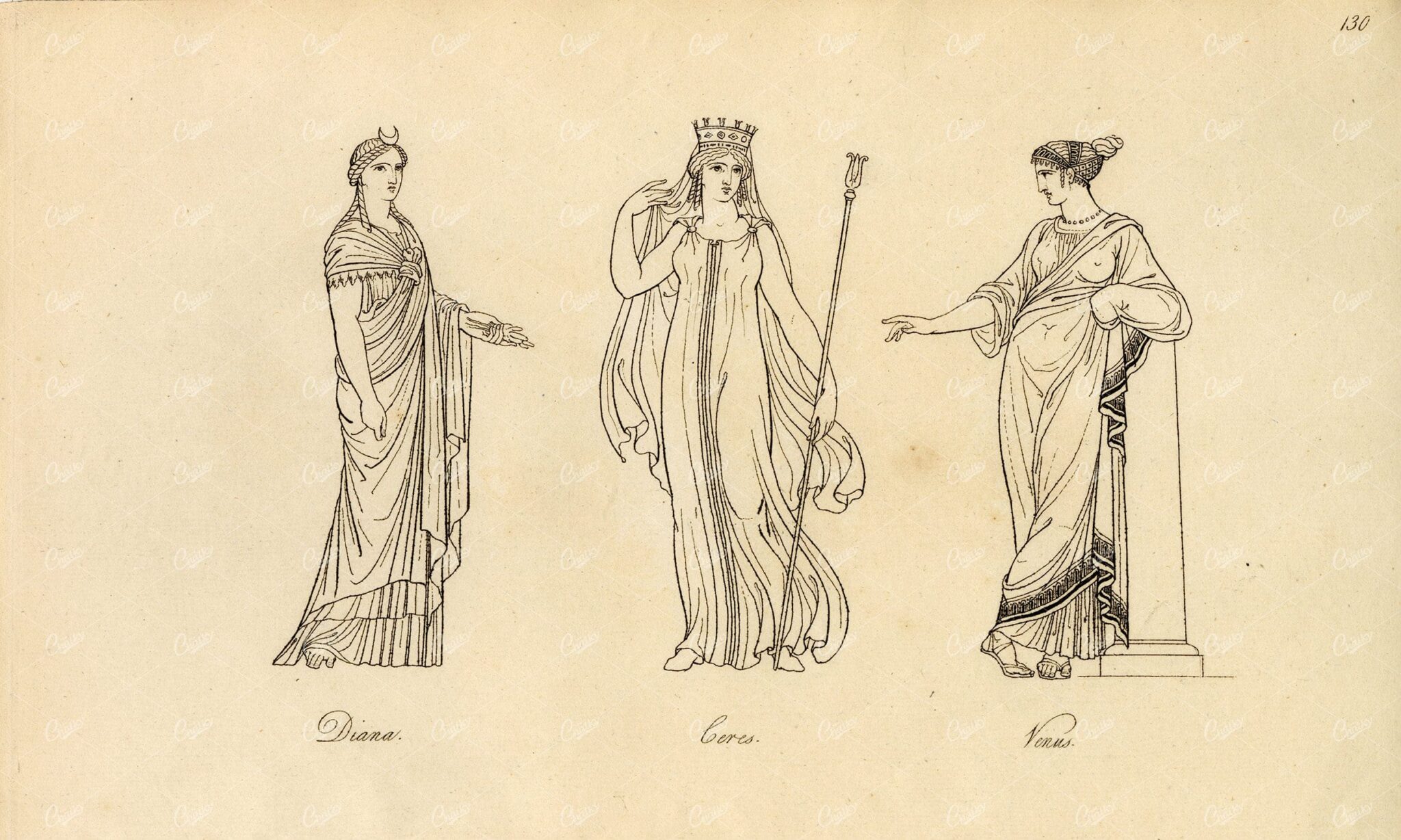 ANTIQUE Ancient Mythology Print - Diana, Ceres, and Venus