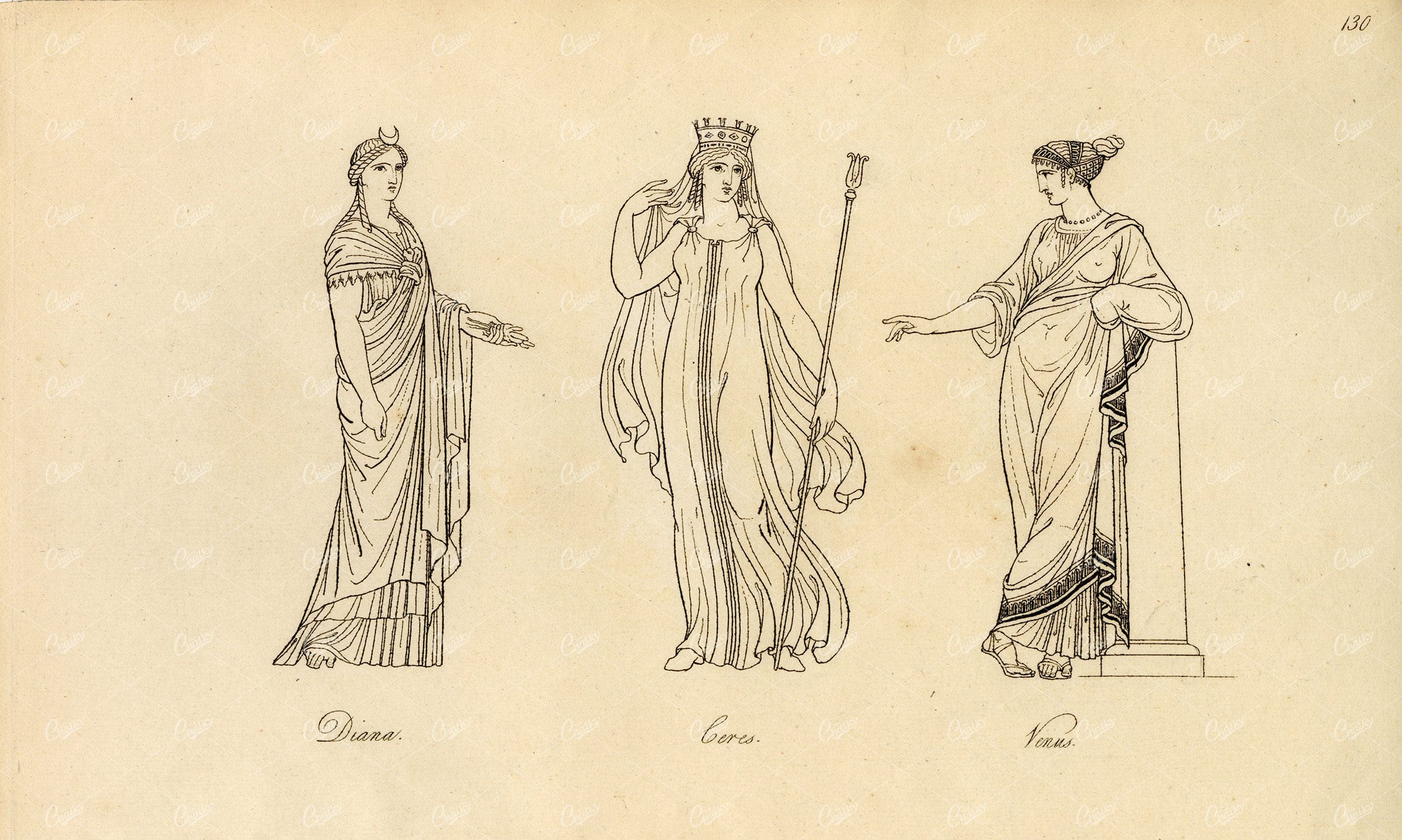 ANTIQUE Ancient Mythology Print - Diana, Ceres, and Venus