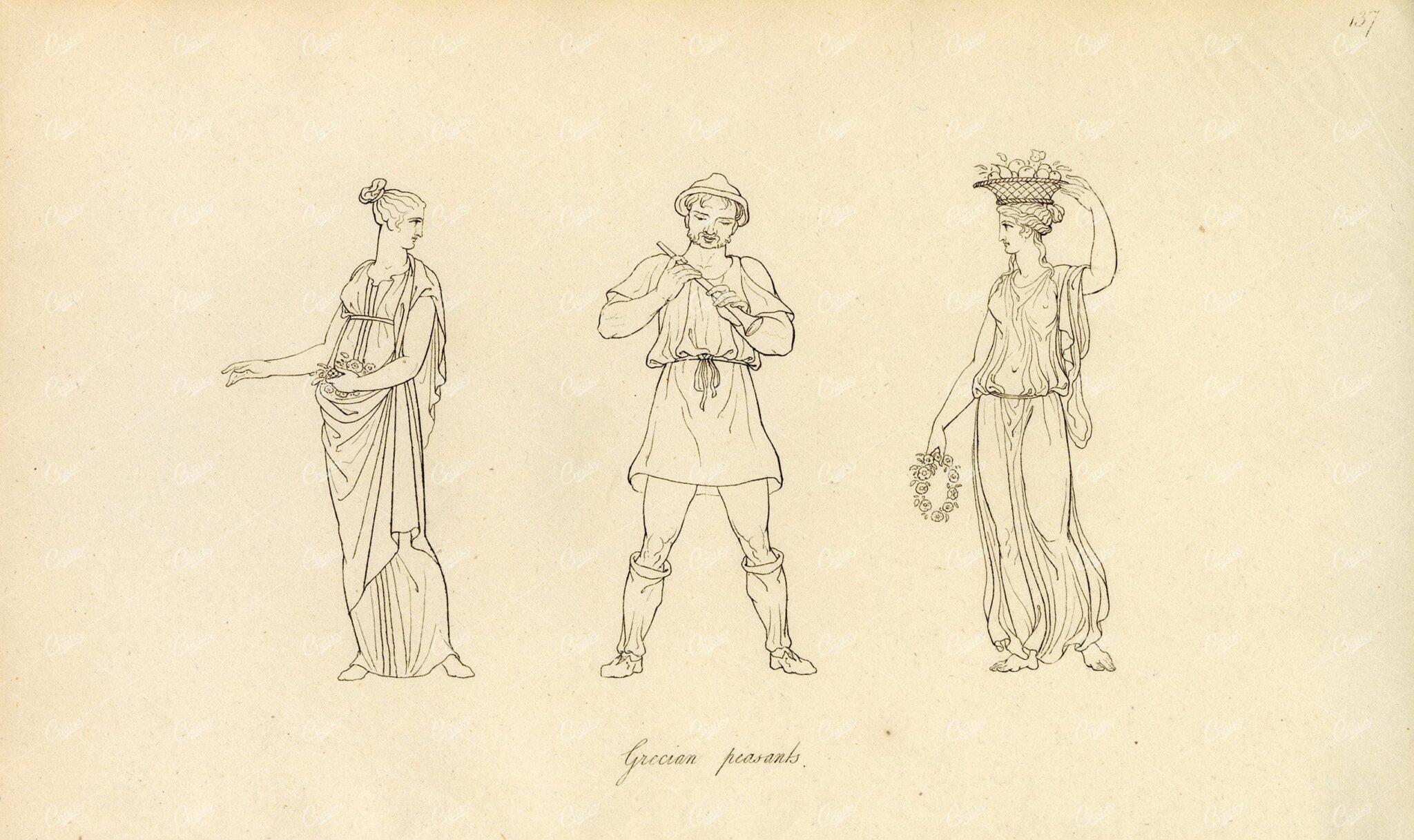 ANTIQUE Ancient Costume Print - Grecian Peasants 1809 Engraving